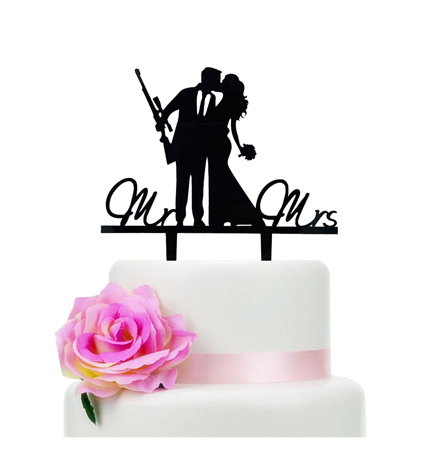 Mr and Mrs Wedding Cake Topper - Groom & Bride With Heavy Gun and Holding Flowers - Funny Gun Theme Wedding/Anniversary/Bridal Shower Cake Topper Funny Wedding Cake Topper (Heavy Gun) - Buy Online on SooperMarket.com