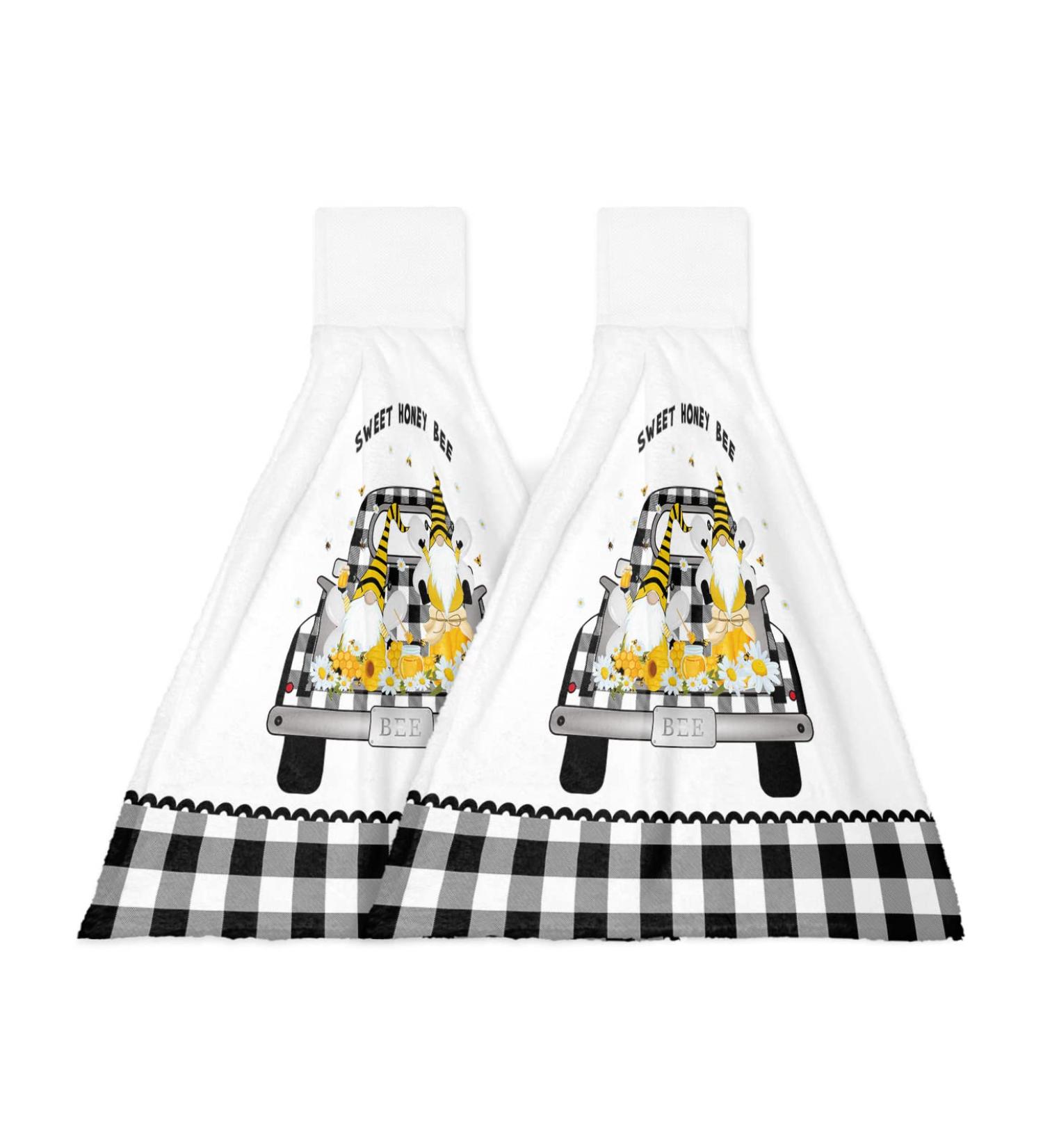 Farmhouse Gnome Honeybee on Truck Country Plaid Hand Towels - Set of 2 | Absorbent Kitchen and Bathroom Towels | Durable Hanging Washing Cloths for Home Cleaning Decor - Buy Online on SooperMarket.com