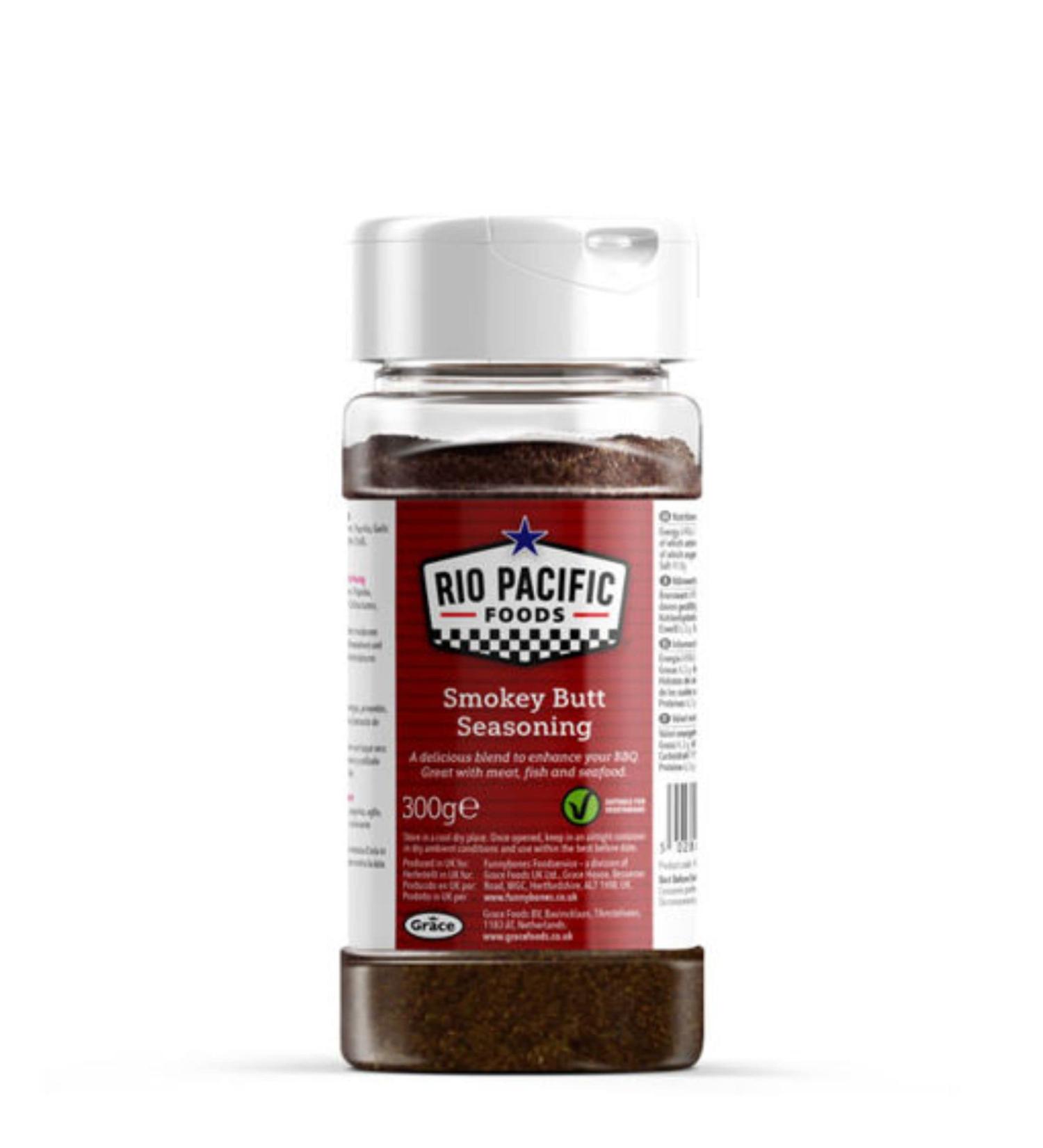 Smokey Butt Seasoning 300g blend of spices and chillies with black and off white flecks for meats to use as a flavour enhancer for grilling roasting or barbecues.