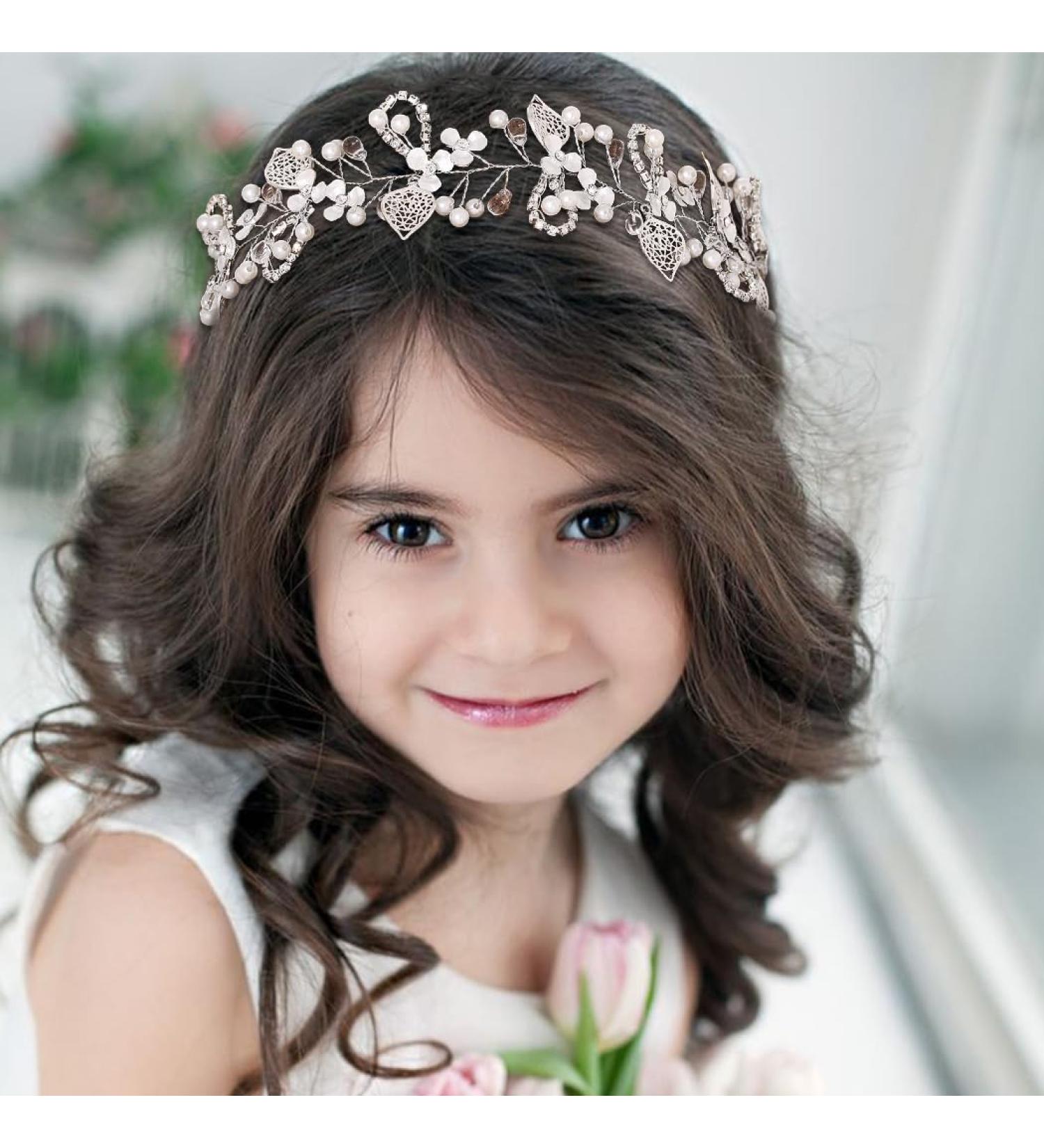 IYOU Princess Crystal Headpiece Silver Flower Wedding Headband Pearl Holy Communion Hair Accessories for Flower Girl Bride Bridesmaid - Buy Online on SooperMarket.com