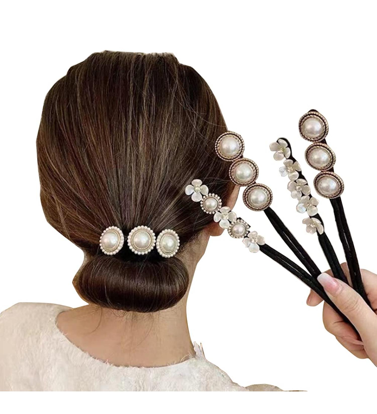 4Pcs Magic Hair Bun Maker with Pearl and Flower Foam Sponge - DIY Hair Styling Tool for Women and Girls - Buy Online on SooperMarket.com