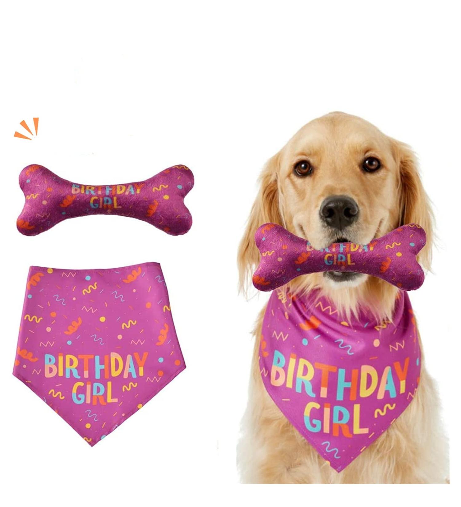 Dog Birthday Bandana Girl Set Pet Happy Birthday Toy Party Triangle Bibs with Cute Biting Bone Scarf Accessory for Small Medium Large Dogs Cats - Pink - Buy Online on SooperMarket.com