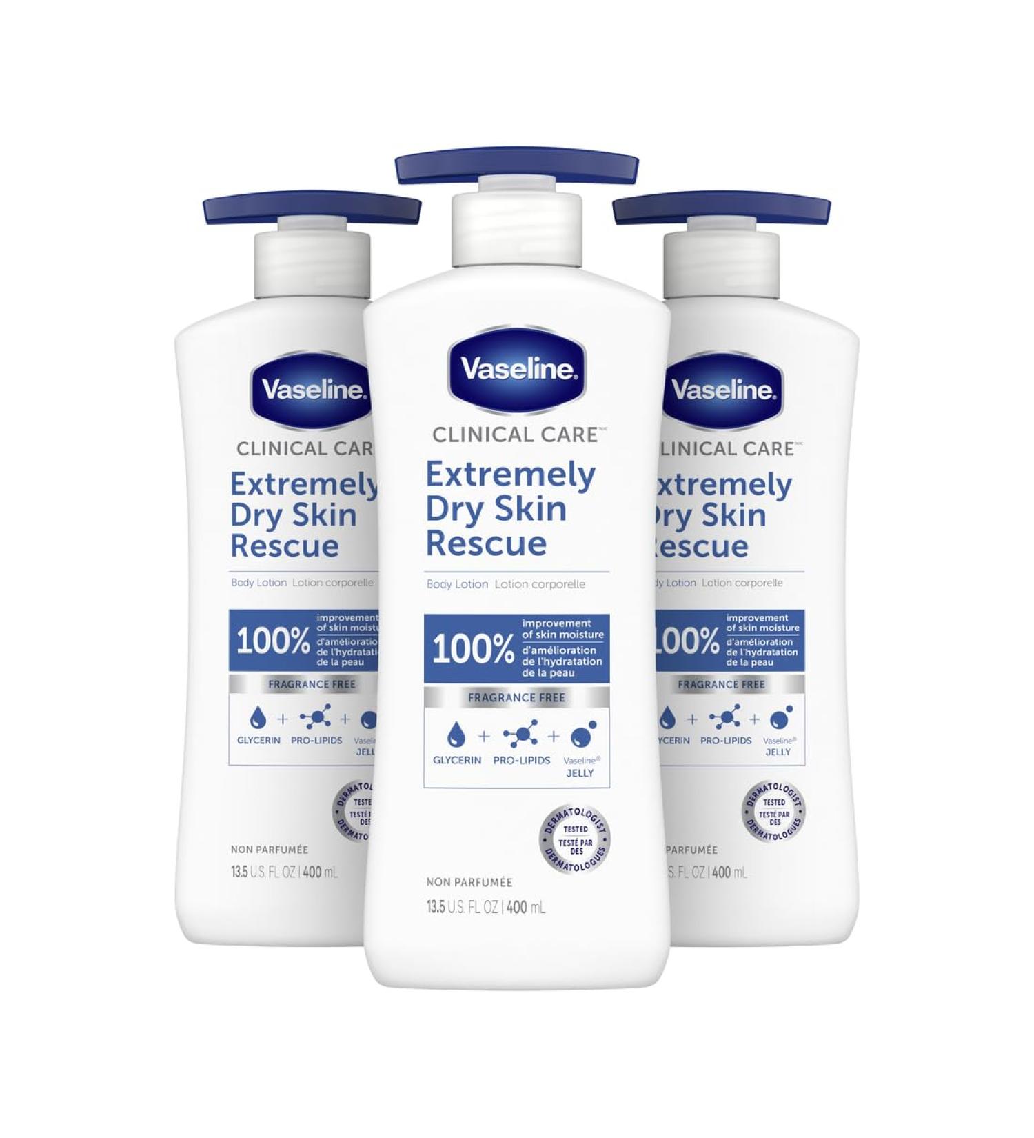Vaseline Clinical Care Body Lotion deep moisturizer for dry skin Extremely Dry Skin Rescue 100% improvement of skin moisture 400 ml 3 count - Buy Online on SooperMarket.com