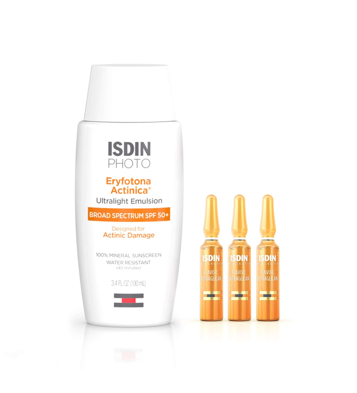 ISDIN Sunscreen & Vitamin C Serum Bundle: Eryfotona Actinica Mineral Sunscreen & Flavo-C Ultraglican Ampoules - Buy Online on SooperMarket.com
