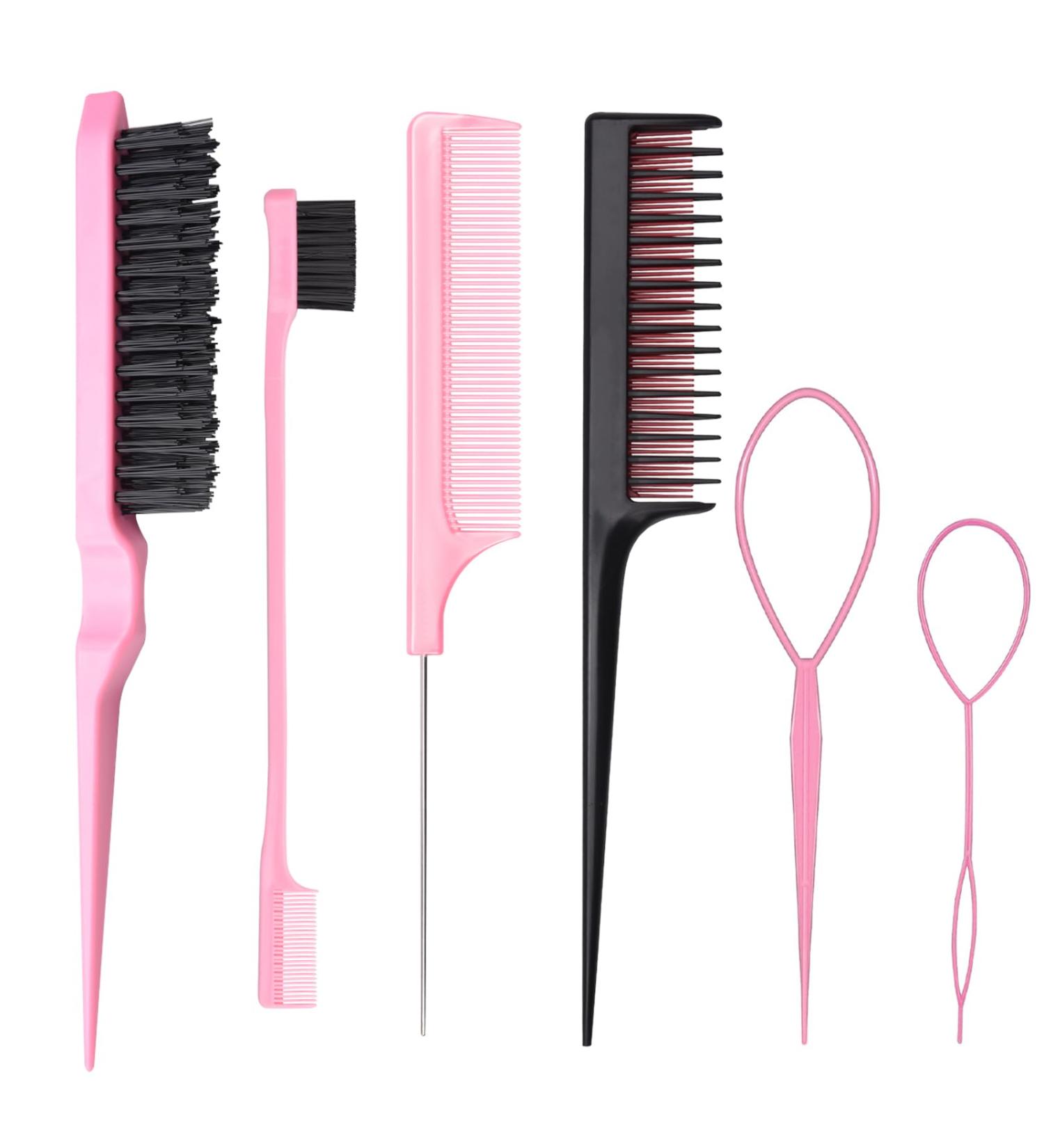 6 Pcs Hair Styling Comb Kit Teasing Comb Brush Set Includes Fluffy Hair Brush Double Sided Edge Control Brush Triple Teasing Comb Fine Metal Rat Tail Comb for Women Professional Barber (Pink) - Buy Online on SooperMarket.com