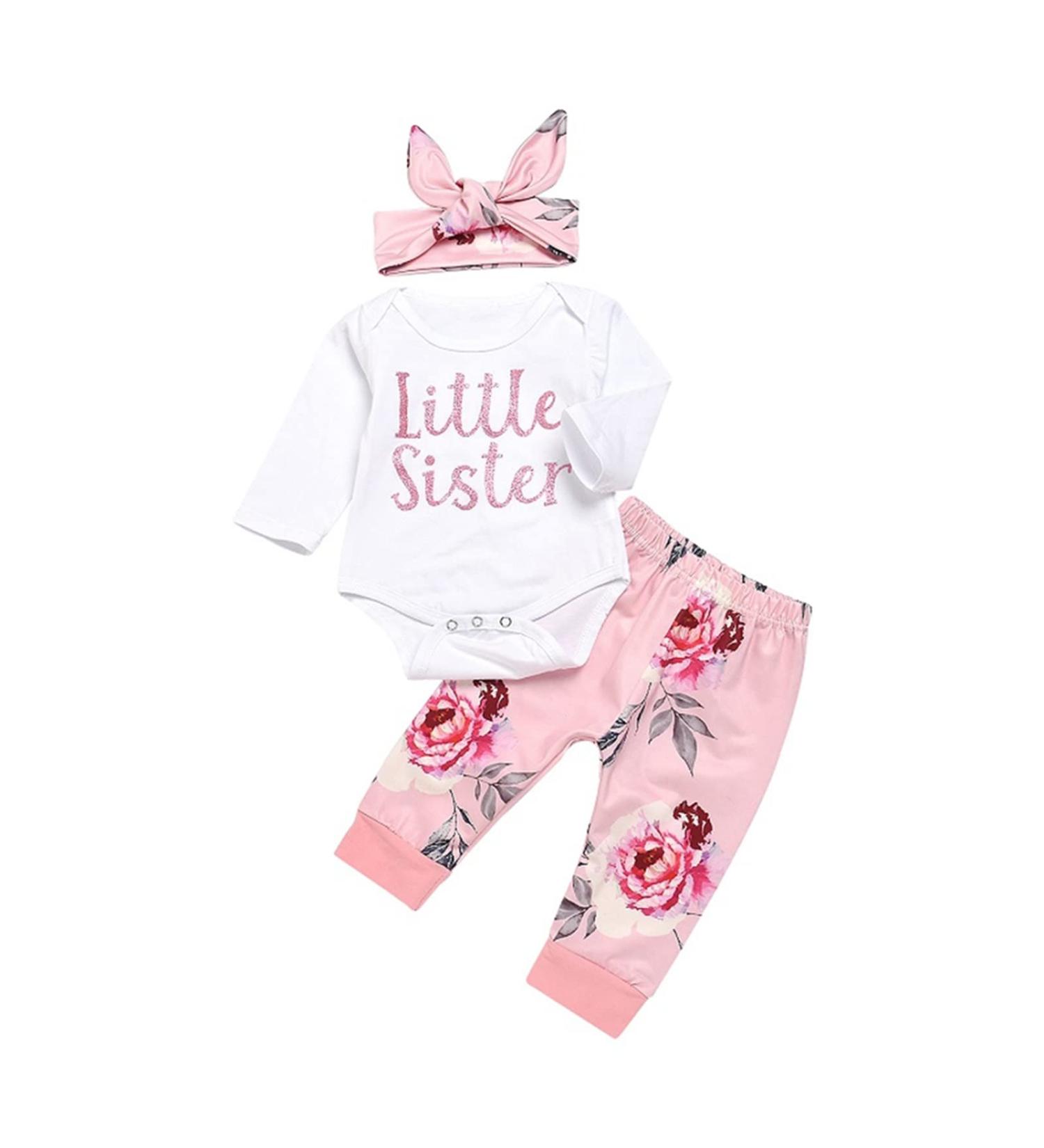 ChYoung Baby Girl Little Sister Romper Top & Rose Printed Pant Set | Newborn Outfit with Headband, 3 Pieces (0-3 Months) - Pink - Buy Online on SooperMarket.com