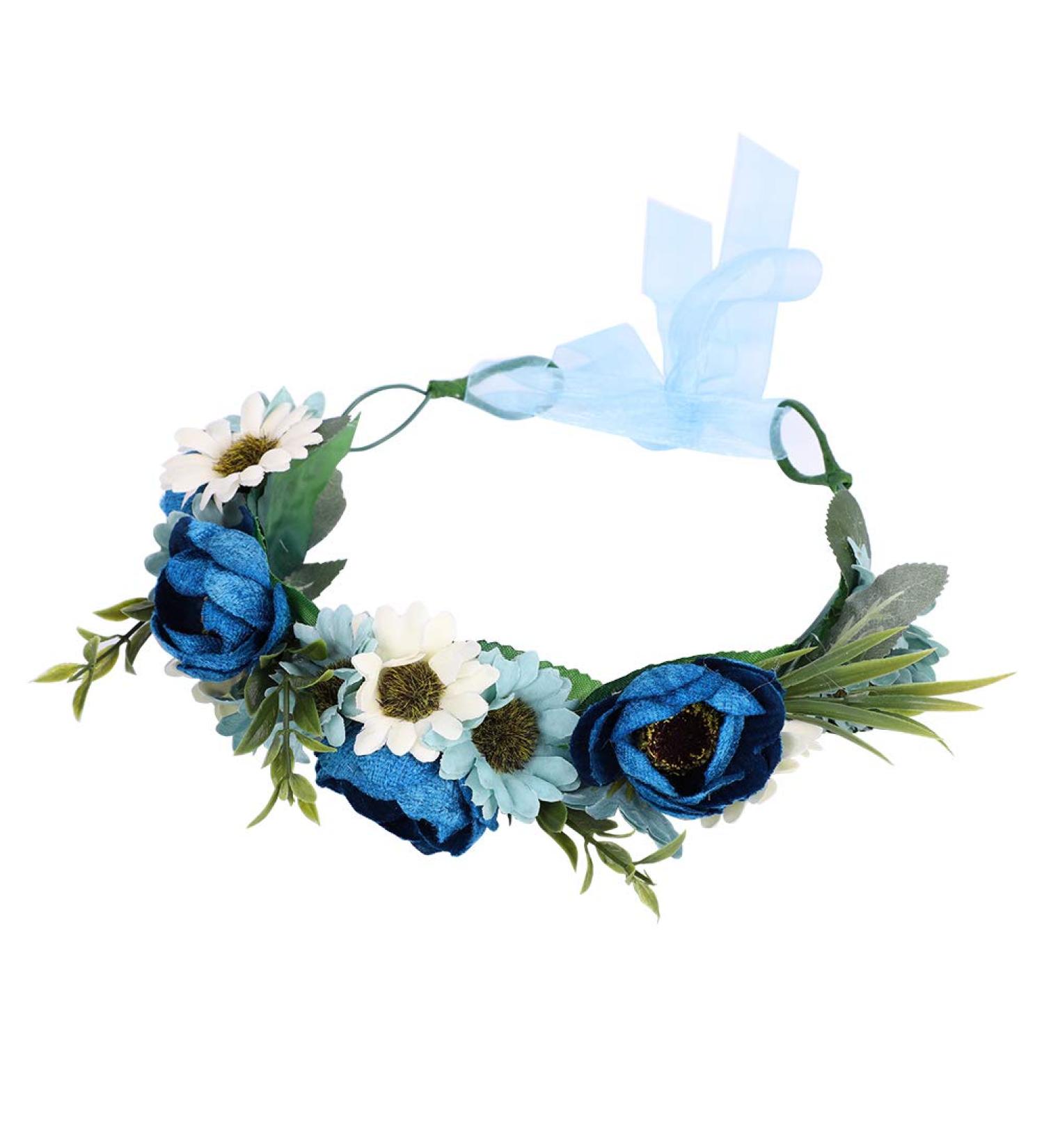 Floral Crown Headband Bride Flower Wreath Crown Flower Garland Headband Hair Wreath Hair Garland Boho Floral Headpiece with Ribbon Rose Flower Bohemian Hair Accessories for Wedding Party Festival Blue - Buy Online on SooperMarket.com