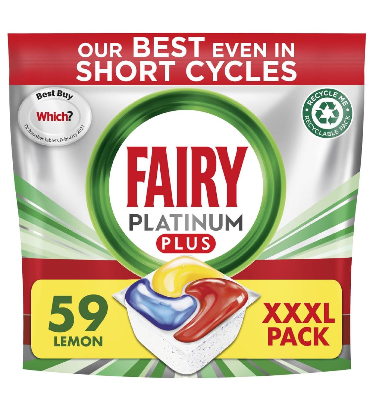 Fairy Platinum Plus All-In-1 Dishwasher Tablets Bulk 59 Tablets Lemon XXL PACK With Anti-Dull Technology & Rinse Aid Action Platinum Plus 59 count (Pack of 1) - Buy Online on SooperMarket.com