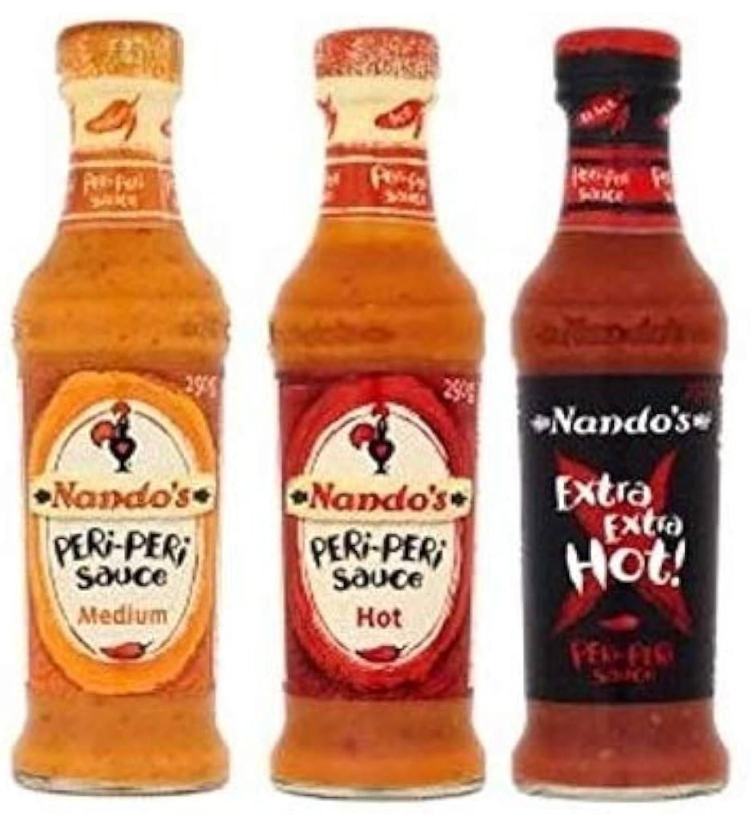 Nando's Piri Piri Sauce Trio - Medium Hot Xtra Hot - 125g Each | Authentic Portuguese Peri-Peri Flavors | Spice Up Your Culinary Adventures - Buy Online on SooperMarket.com