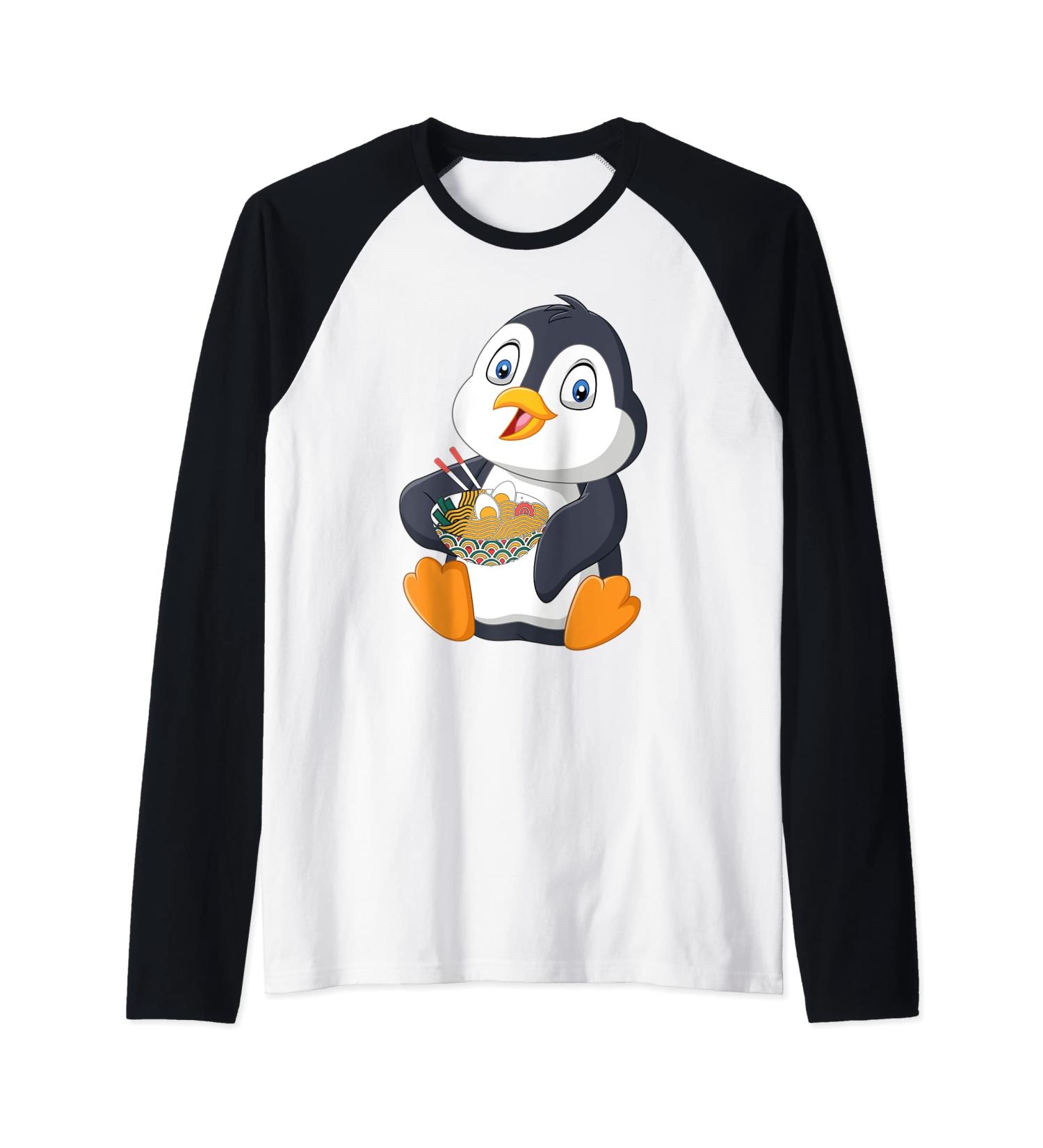 Penguin eating a Japanese Ramen noodle soup Raglan Baseball Tee