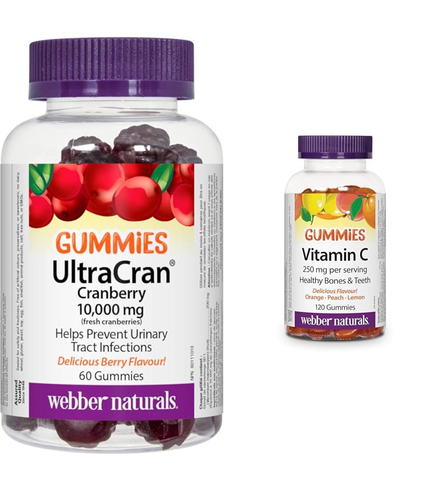 Webber Naturals UltraCran Cranberry 10 000 mg Gummy & Vitamin C Gummy 125 mg 120 Gummies For Bones Teeth Immune and Antioxidant Health Vegan Gummy + Vitamin C Gummy - Buy Online on SooperMarket.com
