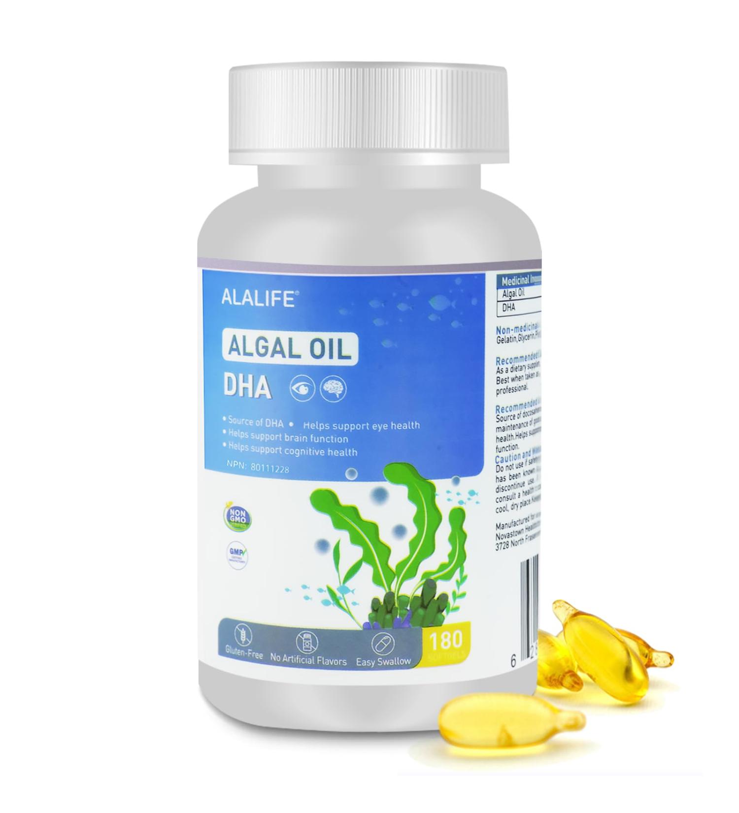 ALALIFE Algal Oil - 180 Capsules - 50% Purity Algal DHA Supplements - DHA Algal Oil Omega 3 Supplements - Beneficial to Brain and Optic Nerve Development - Non GMO - Buy Online on SooperMarket.com