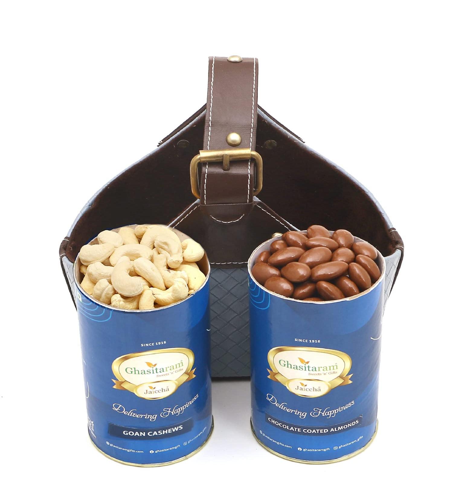 Jaiccha Ghasitaram Leather Buckle Basket Small of Cashews and Chocolate Almonds|Gift for Diwali Gifts Holi Rakhi Valentine Christmas Birthday Anniversary Her Him| - Buy Online on SooperMarket.com