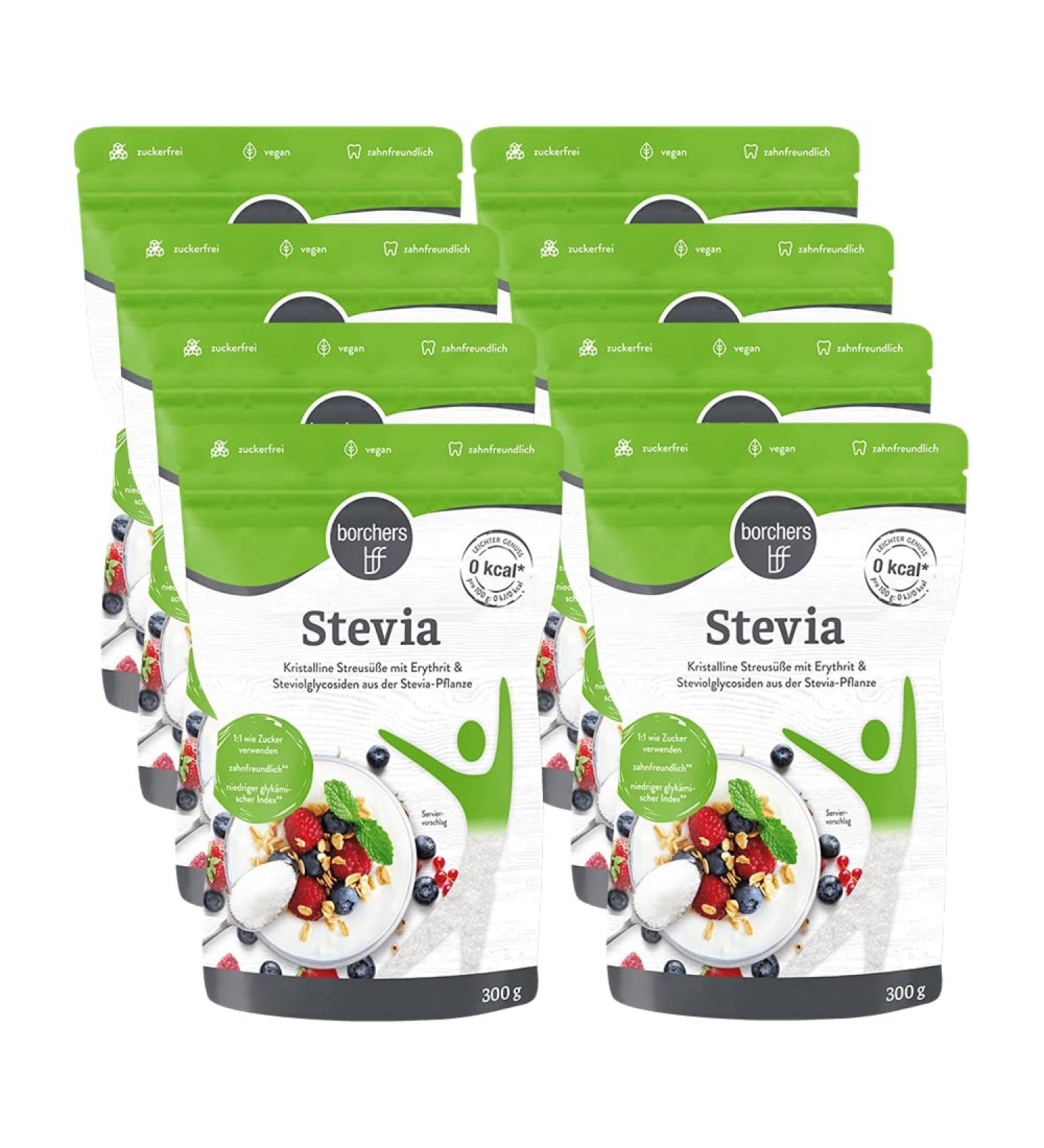 Borchers Stevia Crystalline Sweetener 8 x 300g - Natural Low-Calorie Sugar Substitute for International Shipping - Buy Online on SooperMarket.com