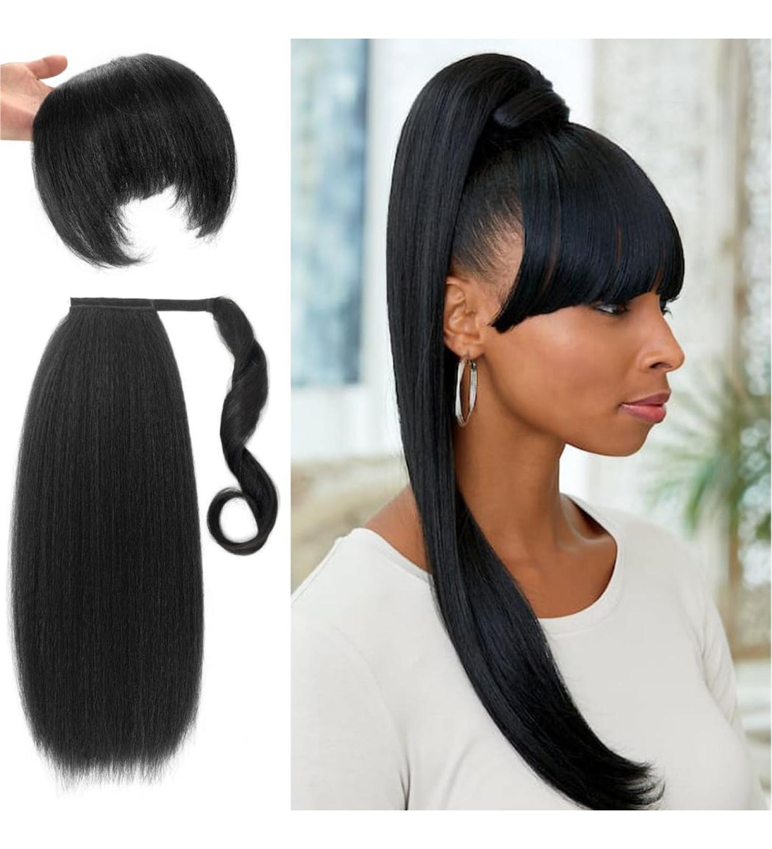 Kinky Straight Ponytail Extension with Bangs for Black Women Yaki Straight Wrap Arpund Pony Tail Hair Clip in Ponytail Extension Magic Paste Natural Looking Hair Hairpiece for Daily Party Use (Black) 20 inches Black - Buy Online on SooperMarket.com