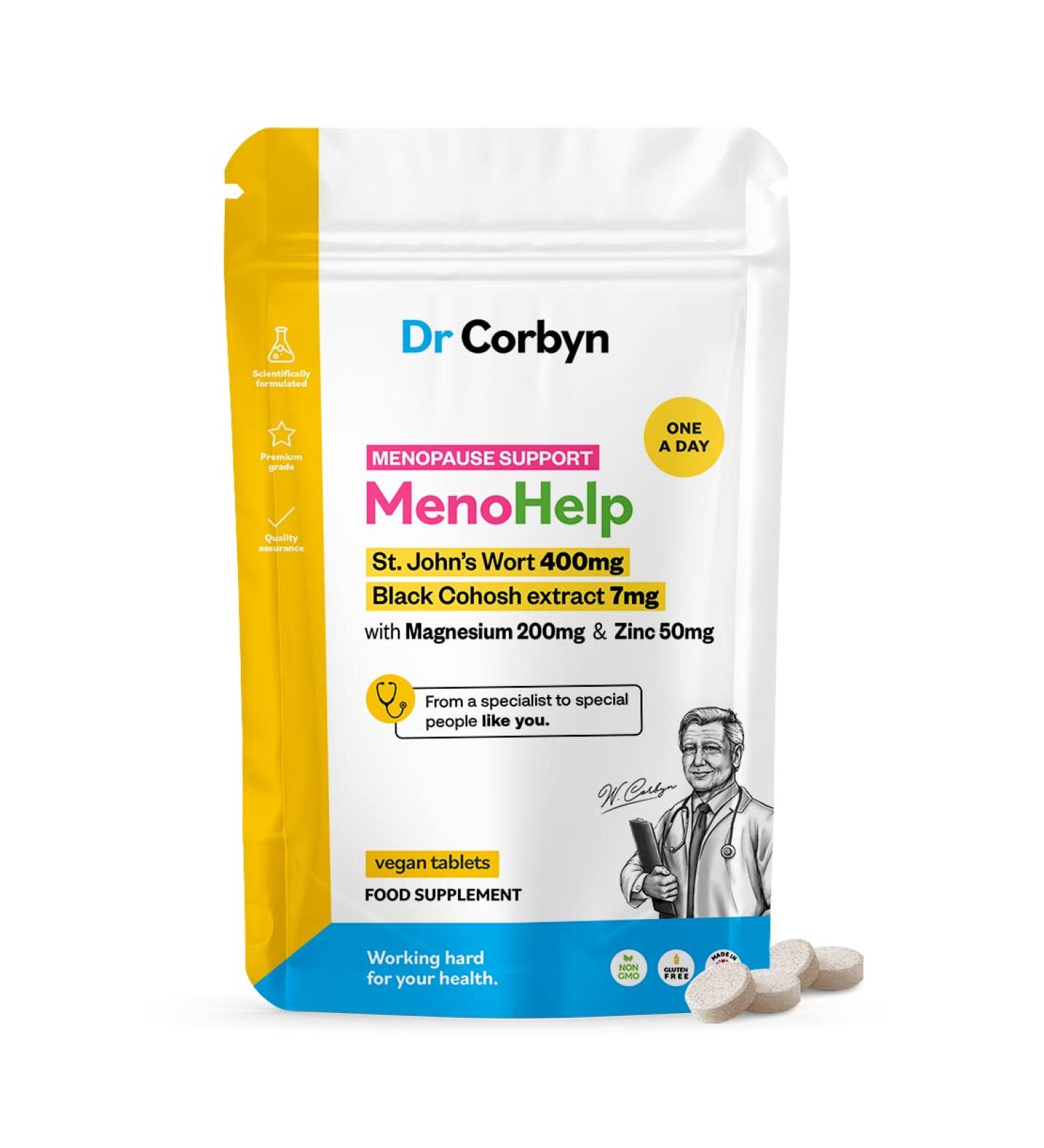 Dr Corbyn MenoHelp 120 Tablets - Menopause Well-Being Supplement with St. John's Wort, Black Cohosh, Magnesium & Zinc | UK Made - 400mg St. John's Wort, 7mg Black Cohosh, 200mg Magnesium & 50mg Zinc | 120 Count - Buy Online on SooperMarket.com