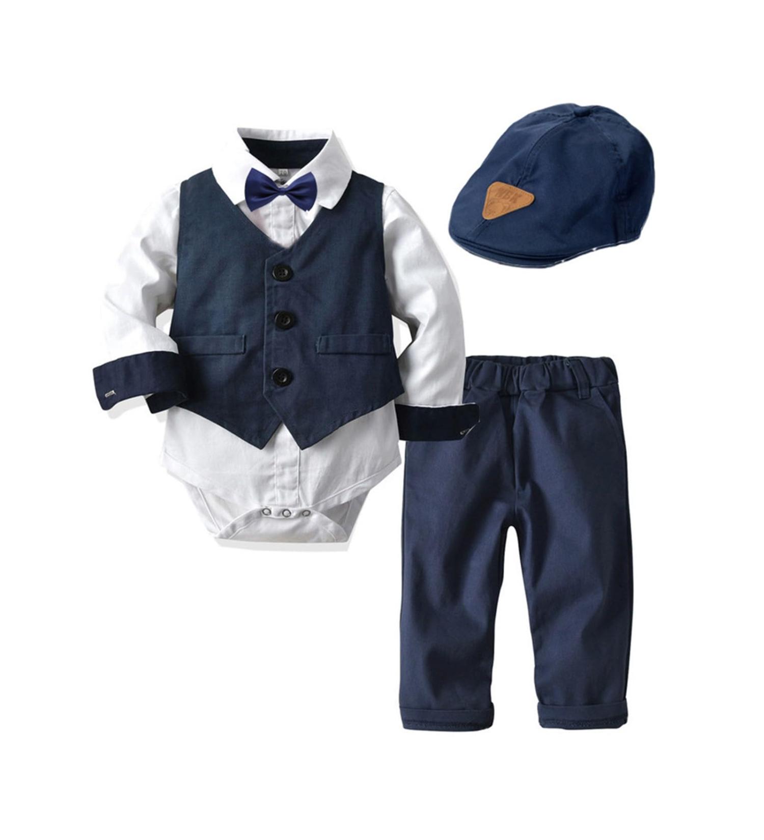 Volunboy Baby Boys Gentleman Suit 4 PCS Set | Toddler Formal Outfit with Waistcoat, Wedding Shirts, Vest, Bow Tie | 12-18 Months Navy White - Buy Online on SooperMarket.com