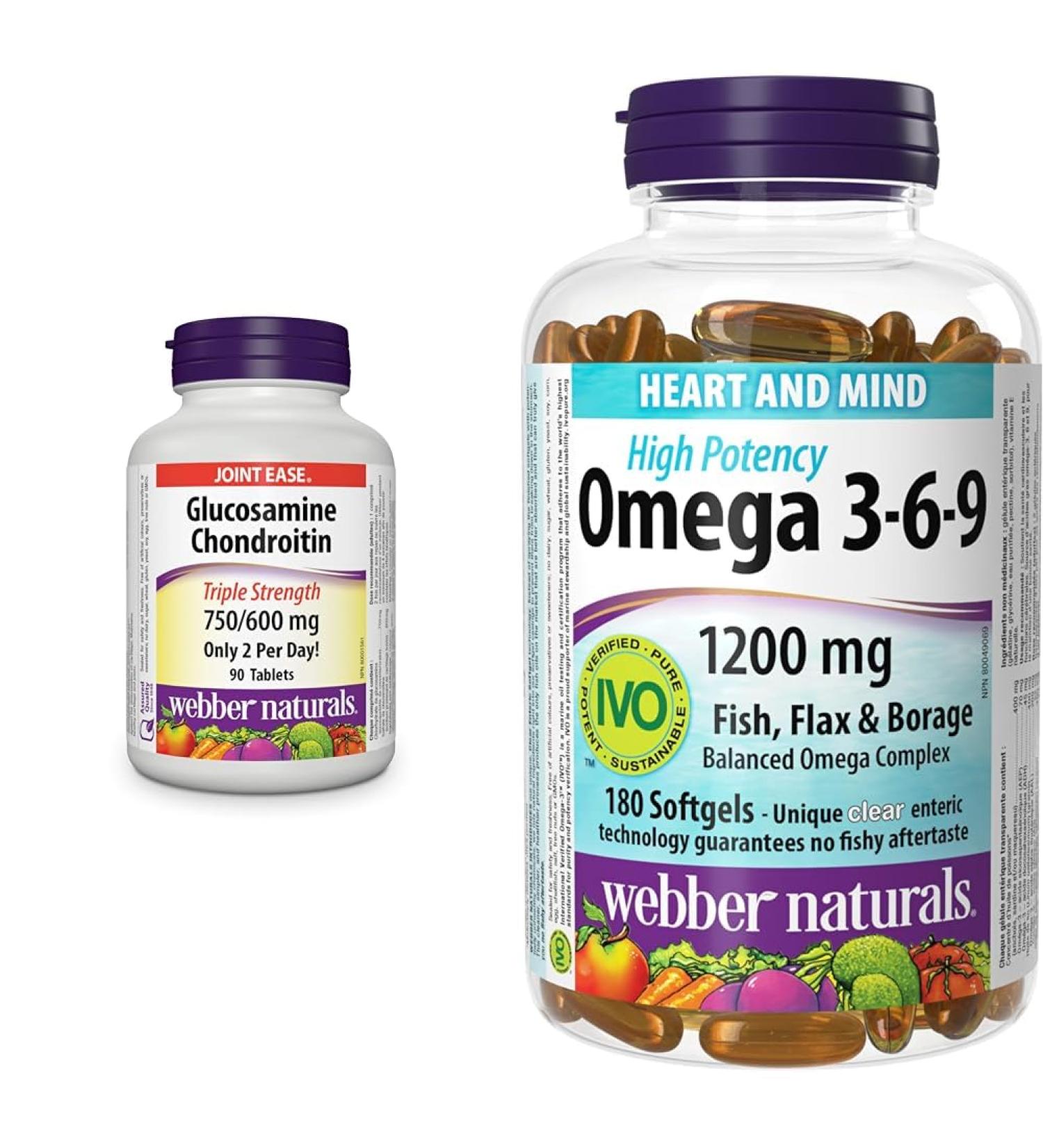 Webber Naturals Glucosamine Chondroitin Triple Strength 90 Tablets & Omega 3-6-9 1 200 mg Fish Oil 180 Clear Enteric No Fishy Aftertaste Softgels Supports Cardiovascular Health and Brain Function - Buy Online on SooperMarket.com