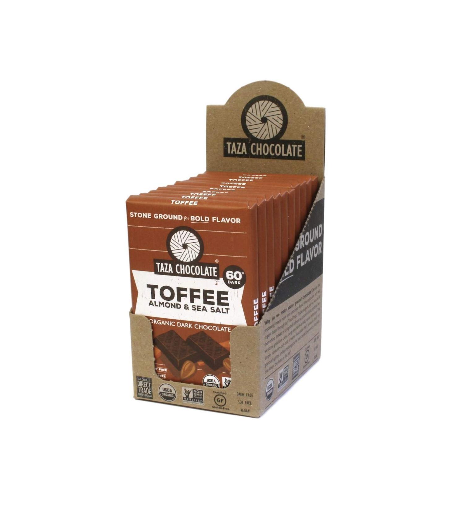 Taza Chocolate Organic Amaze Bar 60% Stone Ground, Toffee Almond Sea Salt, 2.5 Ounce (10 Count), Vegan Toffee, Almond & Sea Salt 10 Count (Pack of 1)
