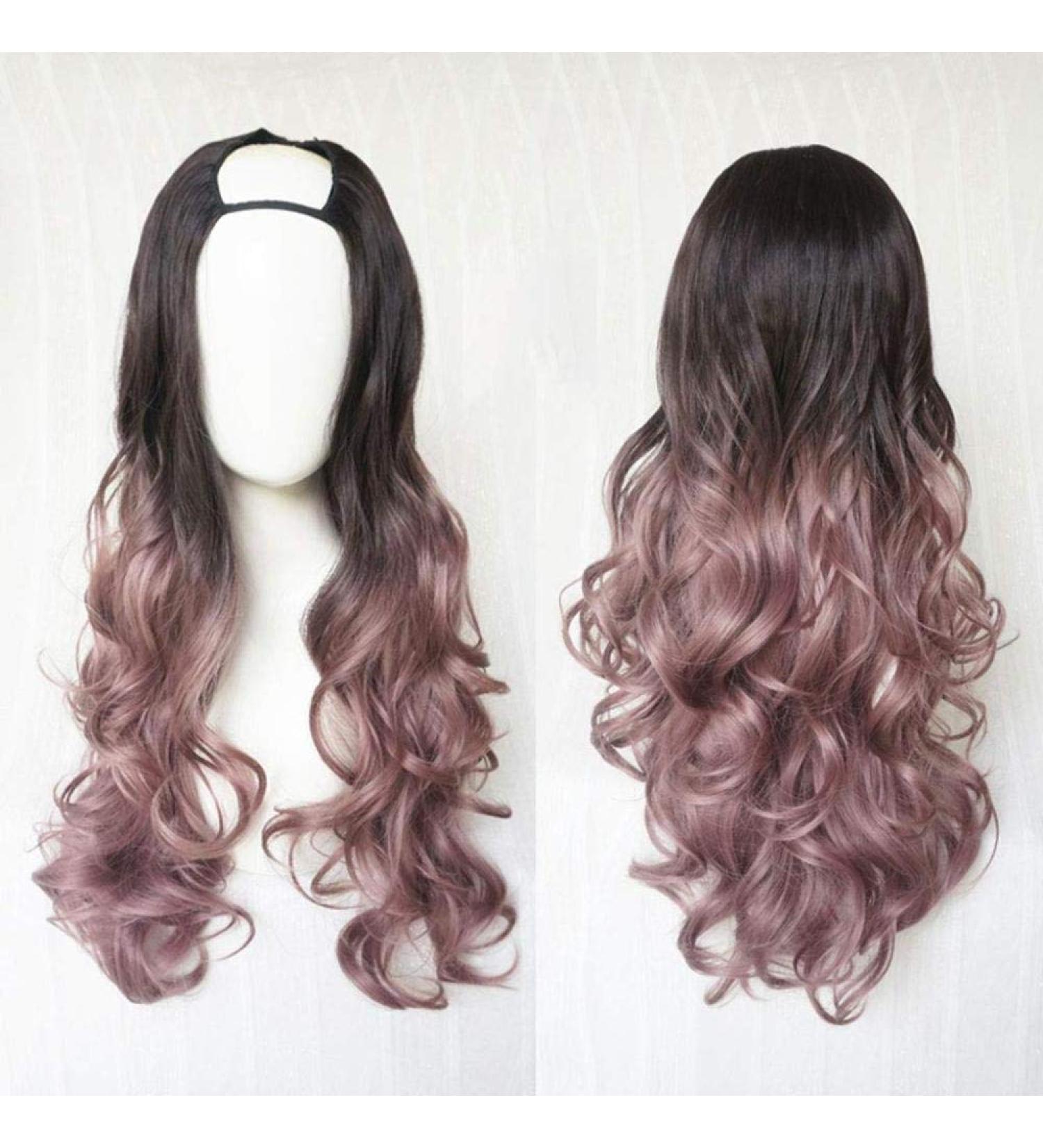 Harajuku Fashion Long Wavy Curly U Shaped Wigs | 28in Heat Resistant Synthetic Hair for Girls - Mixed Gradient Dark Roots - Buy Online on SooperMarket.com
