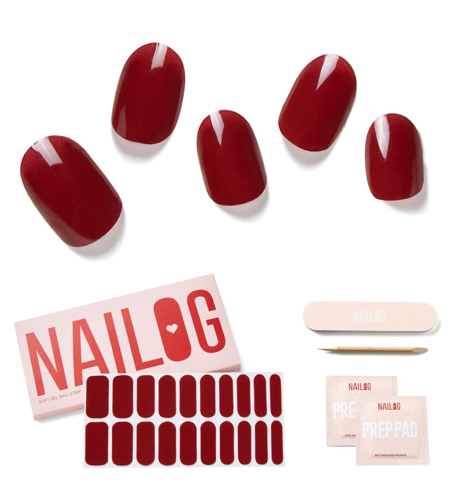 NAILOG Semi Cured Gel Nail Strips Extra Long Nail Polish Strips (20 Pieces) Long Lasting Semi Cured Nail Stickers with Soft Glossy Gel Finish Rouge Noir - Buy Online on SooperMarket.com