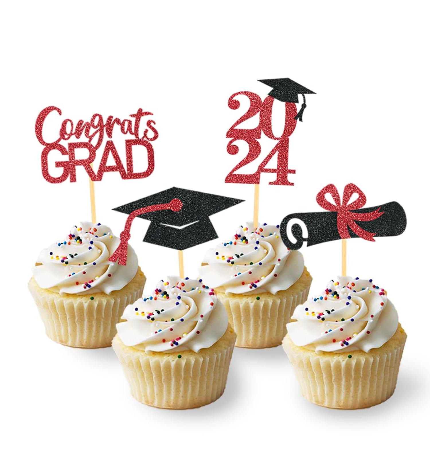 24Pcs Graduation Cupcake Toppers Graduation Cupcake Picks for Cupcake Food Decorations - Class of 2024 Graduation Cupcake Toppers Supplies (Black & Red) - Buy Online on SooperMarket.com
