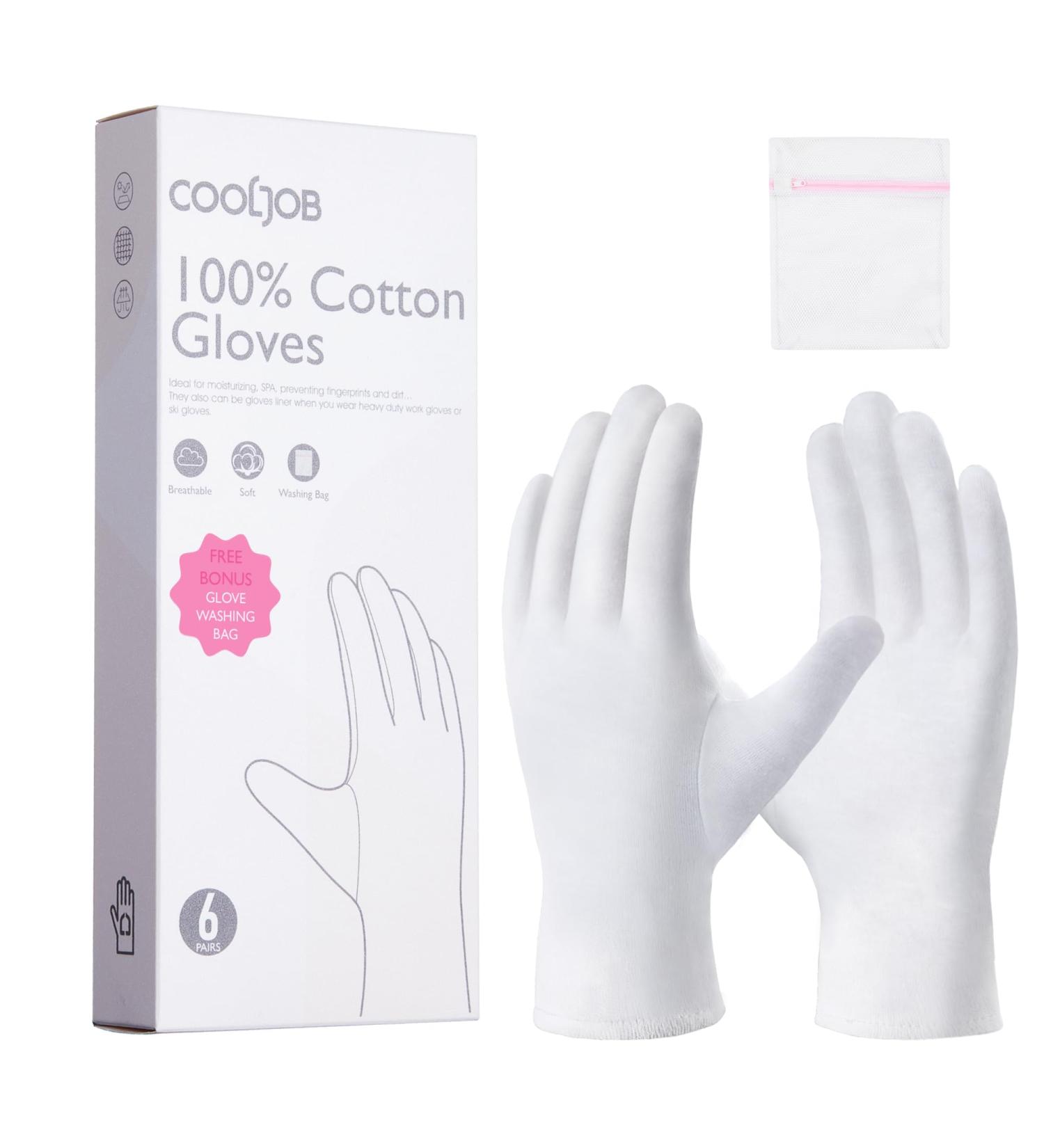 COOLJOB 100% Cotton Gloves - 6 Pairs White Cotton Liners for Moisturizing & Eczema Relief | Breathable Overnight Treatment for Men & Women - Buy Online on SooperMarket.com