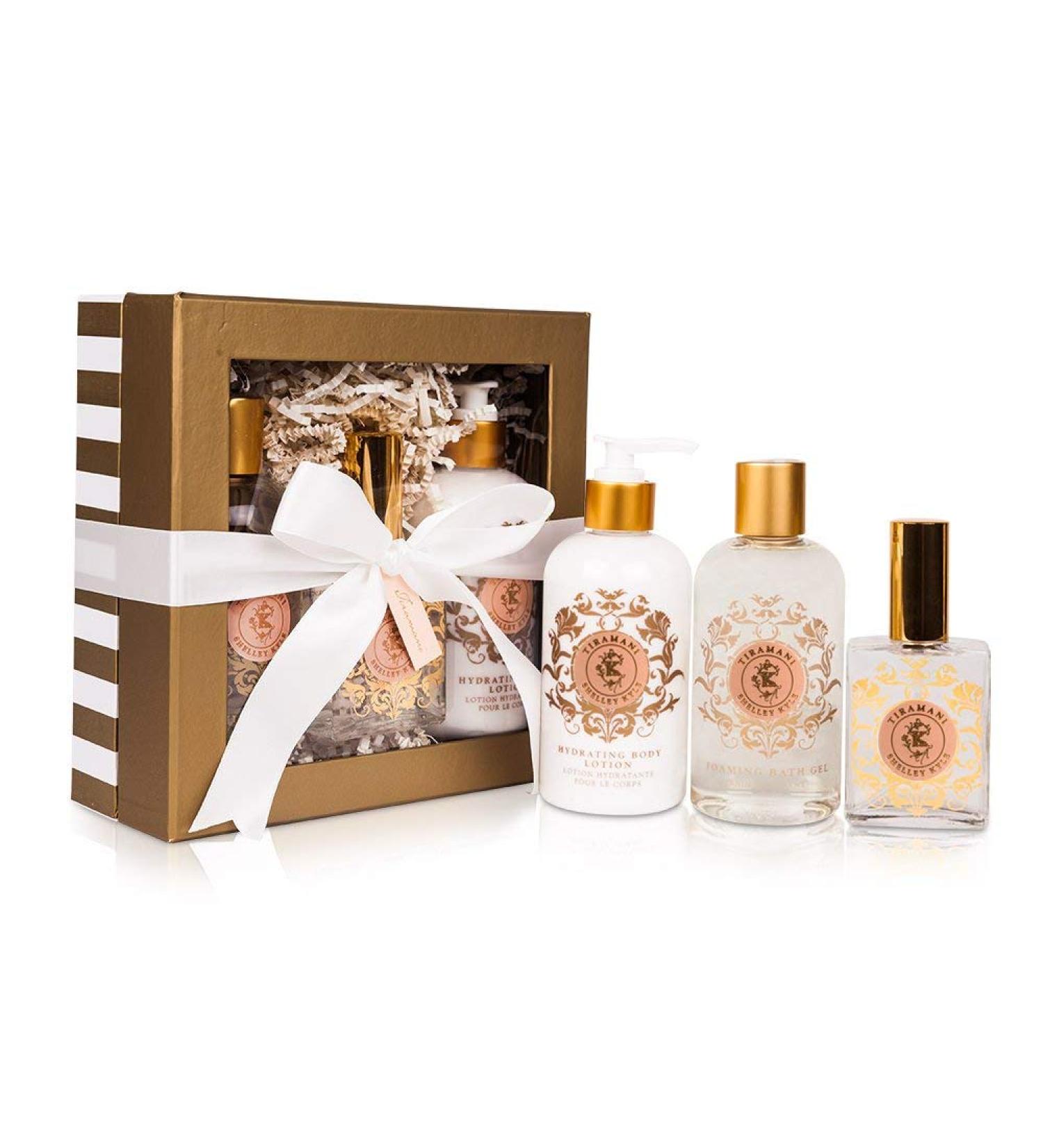 Shelley Kyle Tiramani Complete Gift Set Includes Hydrating Body Lotion Perfume and Foaming Bath Gel Packaged in Beautiful Cream and Gold Gift Box with Ribbon