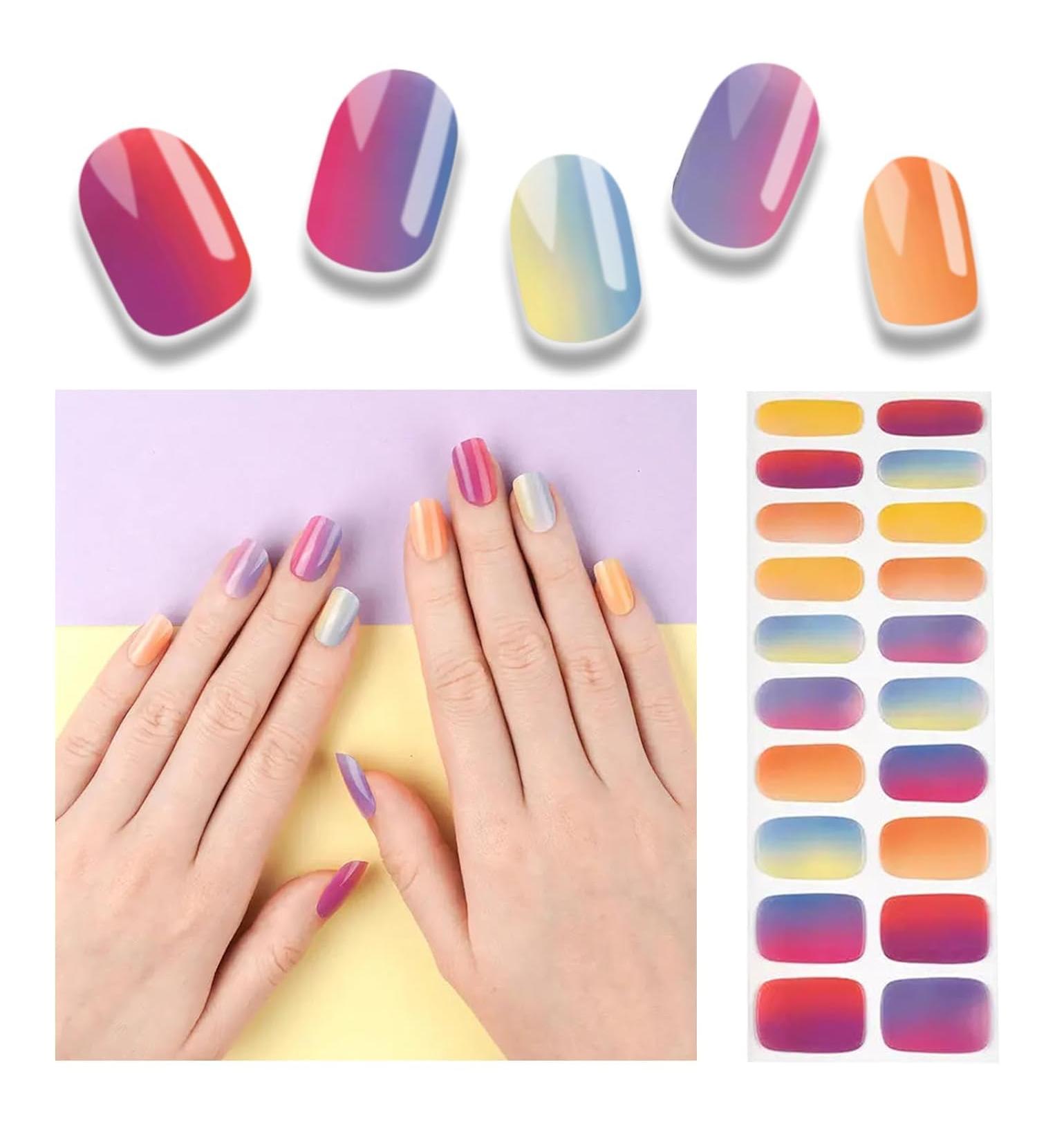 Foyute Semi Cured Gel Nail Strips 20 Pcs Soft Self-Adhesive Gel Nail Polish Wraps Sticker for Salon-Quality Manicure Set Long Lasting Easy to Apply & Remove Nail File & Wooden Stick (Smudge rainbow) - Buy Online on SooperMarket.com