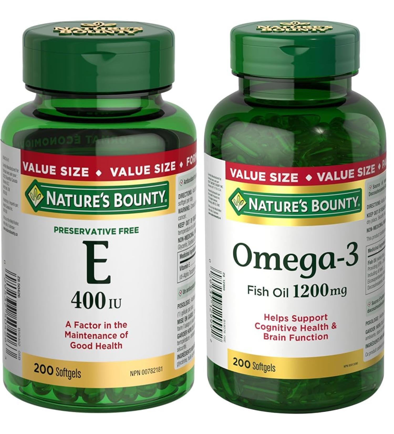Nature's Bounty Vitamin E Pills And Supplement Helps Maintain Health 400Iu 200 Softgels & Fish Oil Pills Omega 3 Supplement Helps Support Cardiovascular Health 1200mg 200 Softgels Vitamin+ Fish Oil Pills - Buy Online on SooperMarket.com