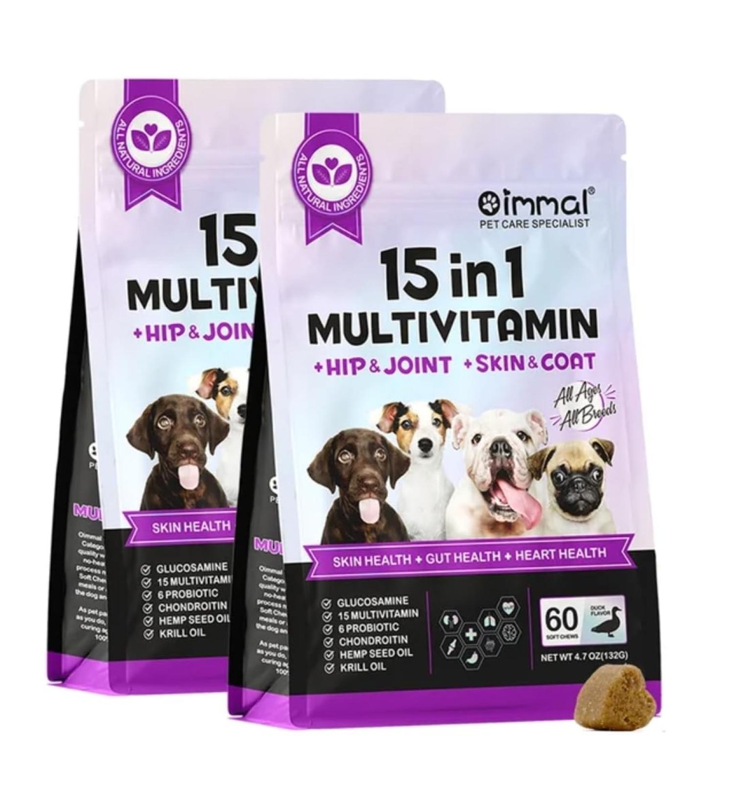 15 in 1 Multivitamin with Glucosamin and Probiotic Soft Chews (2 Packs) for Dogs. Multivitamin for Hip Joint Skin Coat Gut Health and Immune System with Duck Flavour for All Dogs (120 Chews). - Buy Online on SooperMarket.com