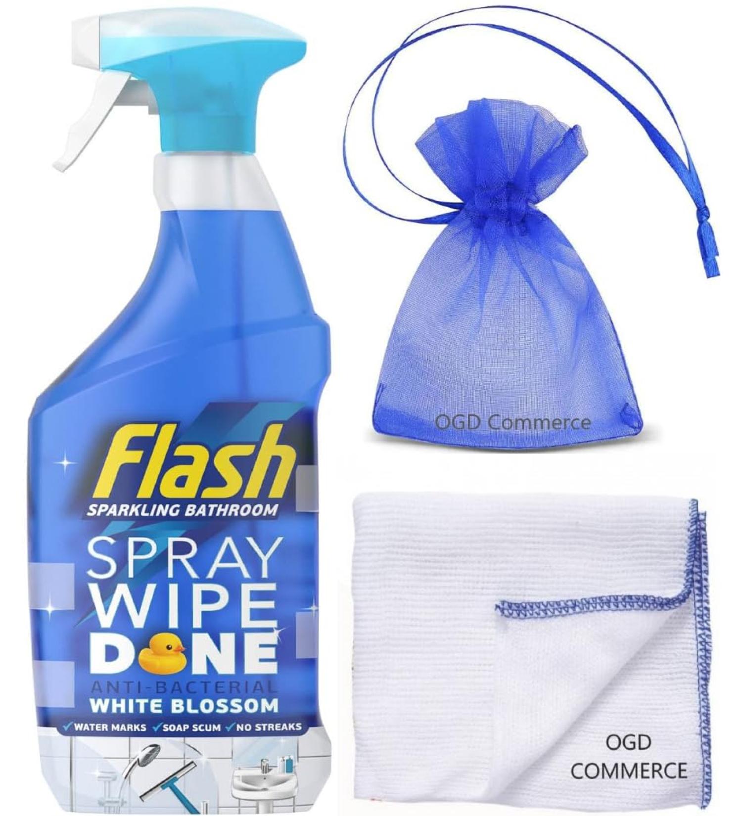 Flash Sparkling Bathroom Antibacterial Cleaning Spray Wipe-Done 800ml White Blossom Fragrance + for You: Cleaning Cloth + Organza Small Bag - Buy Online on SooperMarket.com