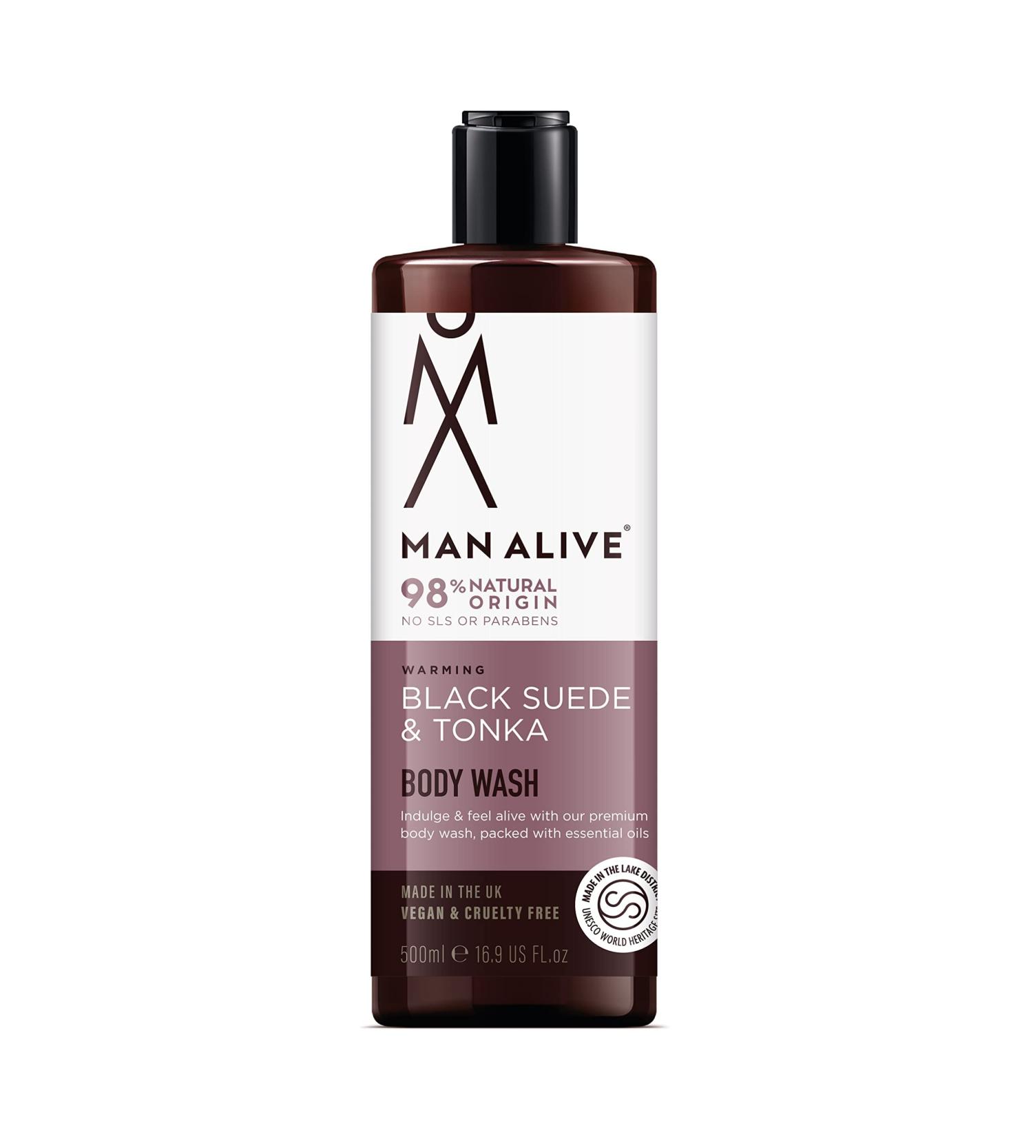 MAN ALIVE Black Suede & Tonka Shower Gel for Men 500ml - Vegan, SLS Free Formula - Ideal Men's Grooming Gift - Masculine Scent - Body & Face Wash - Buy Online on SooperMarket.com