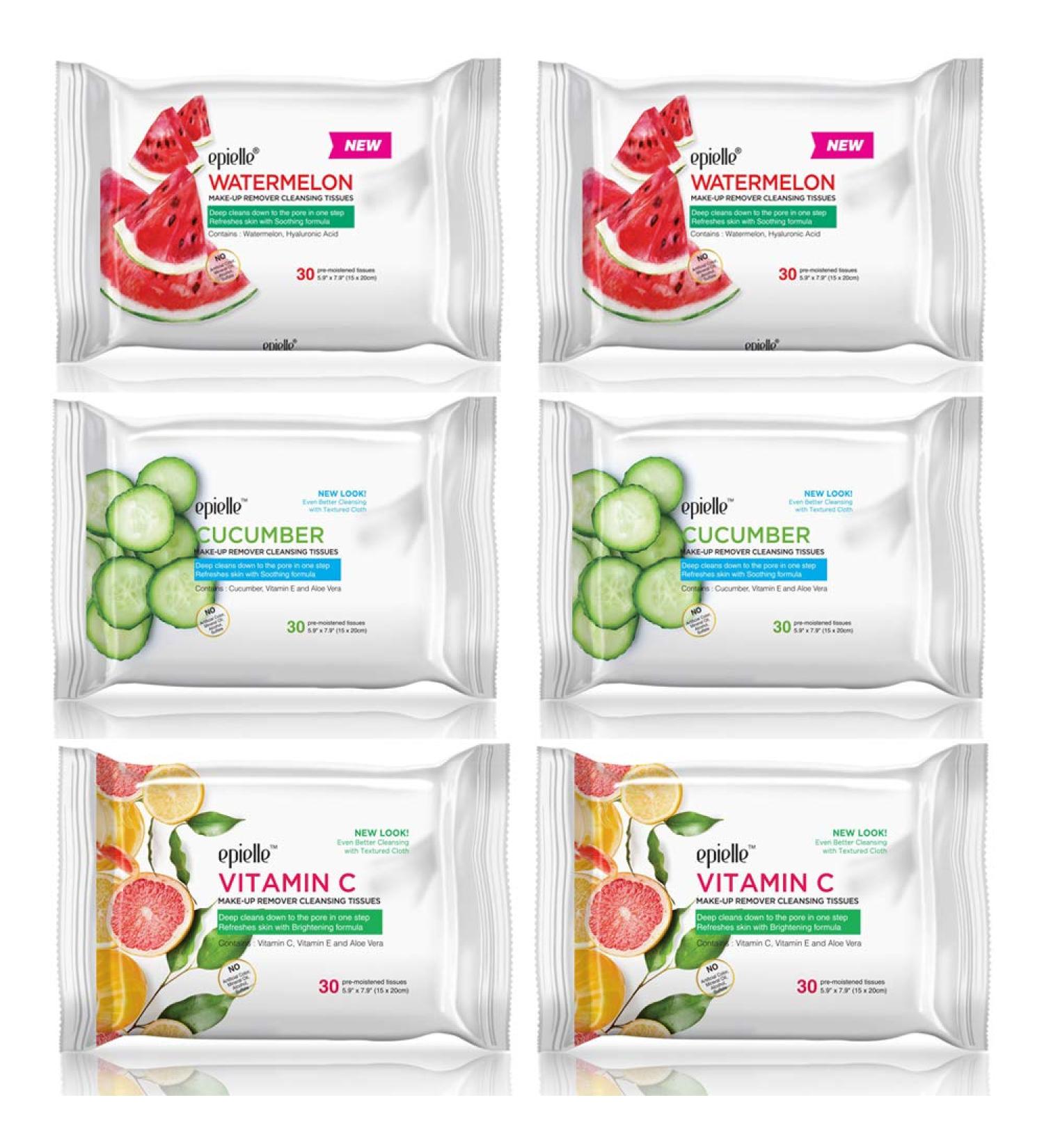 Epielle Make-Up Remover Cloths 30ct 6 Pack - Cleanse Dirt, Oil, Makeup & Mascara. Watermelon, Cucumber, Vitamin C - Beauty Gifts - Buy Online on SooperMarket.com