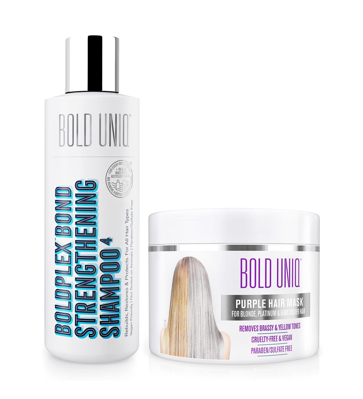 BOLD UNIQ Purple Hair Mask & BoldPlex 4 Bond Strengthening Protein Shampoo Bundle - For Blonde, Platinum, Bleached, Silver, Gray Hair - Remove Yellow Tones, Condition Dry Hair - Buy Online on SooperMarket.com