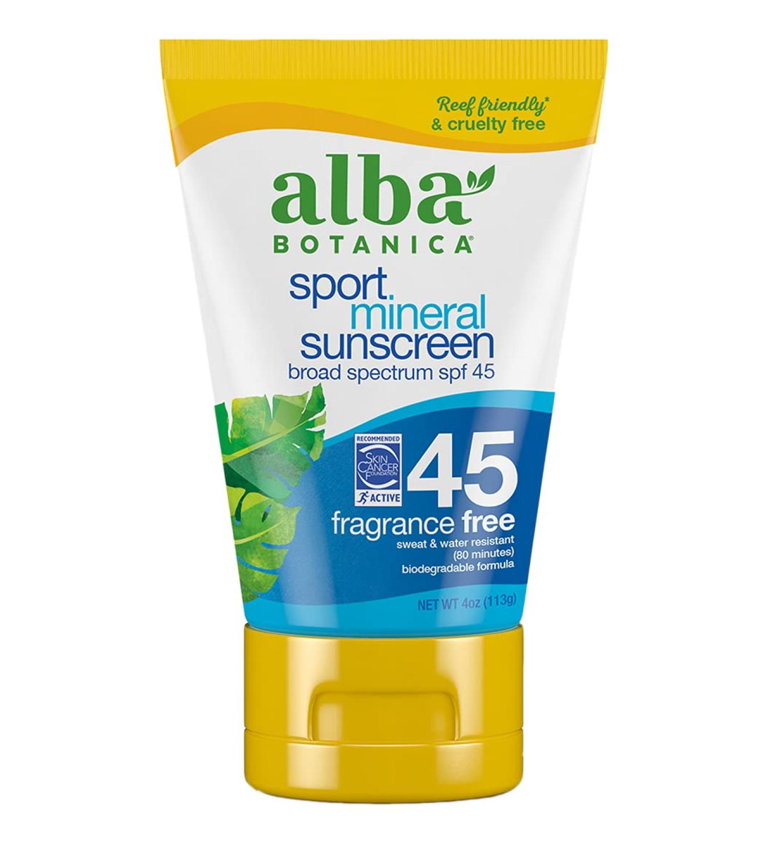 Alba Botanica Sport Sunscreen Lotion SPF 45 - Fragrance Free Mineral Sunscreen 4 Oz - Buy Online on SooperMarket.com