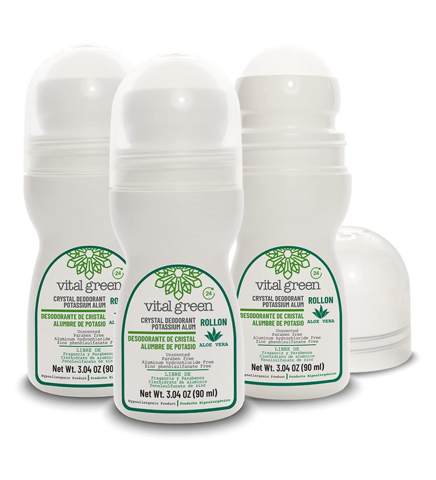 Vital Green Roll On Deodorant | Potassium Alum & Aloe Vera | Sensitive Skin | 3.04 Fl Oz (3 Units) | Odor-Eliminating Non-Staining International Shipping - Buy Online on SooperMarket.com