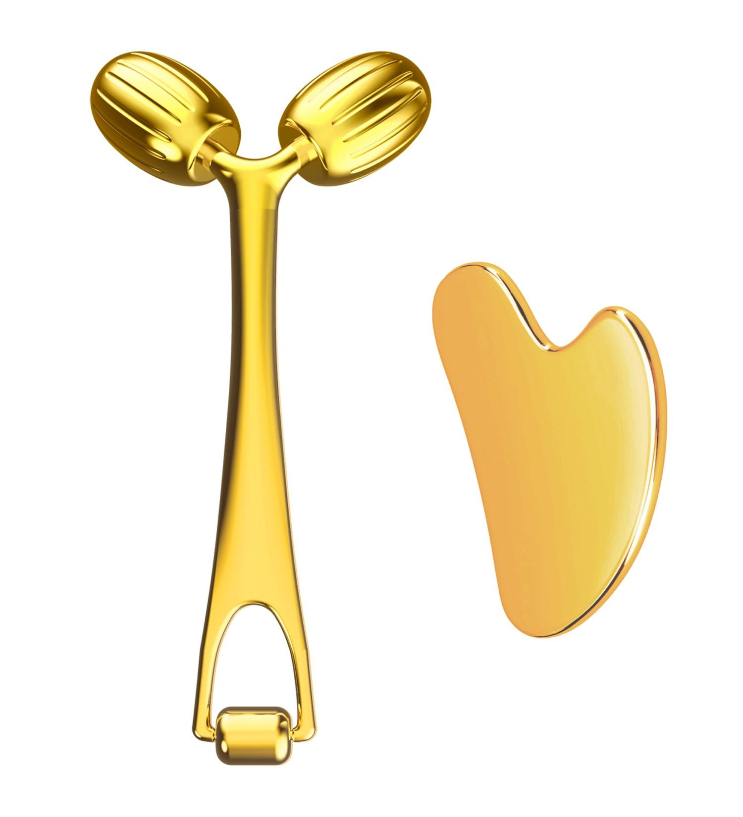 Winyoung Gold Metal Face Roller & Gua Sha Massage Set for Face, Neck, Eyes & Body - Facial Skin Care Tool for Eye Treatment - Buy Online on SooperMarket.com