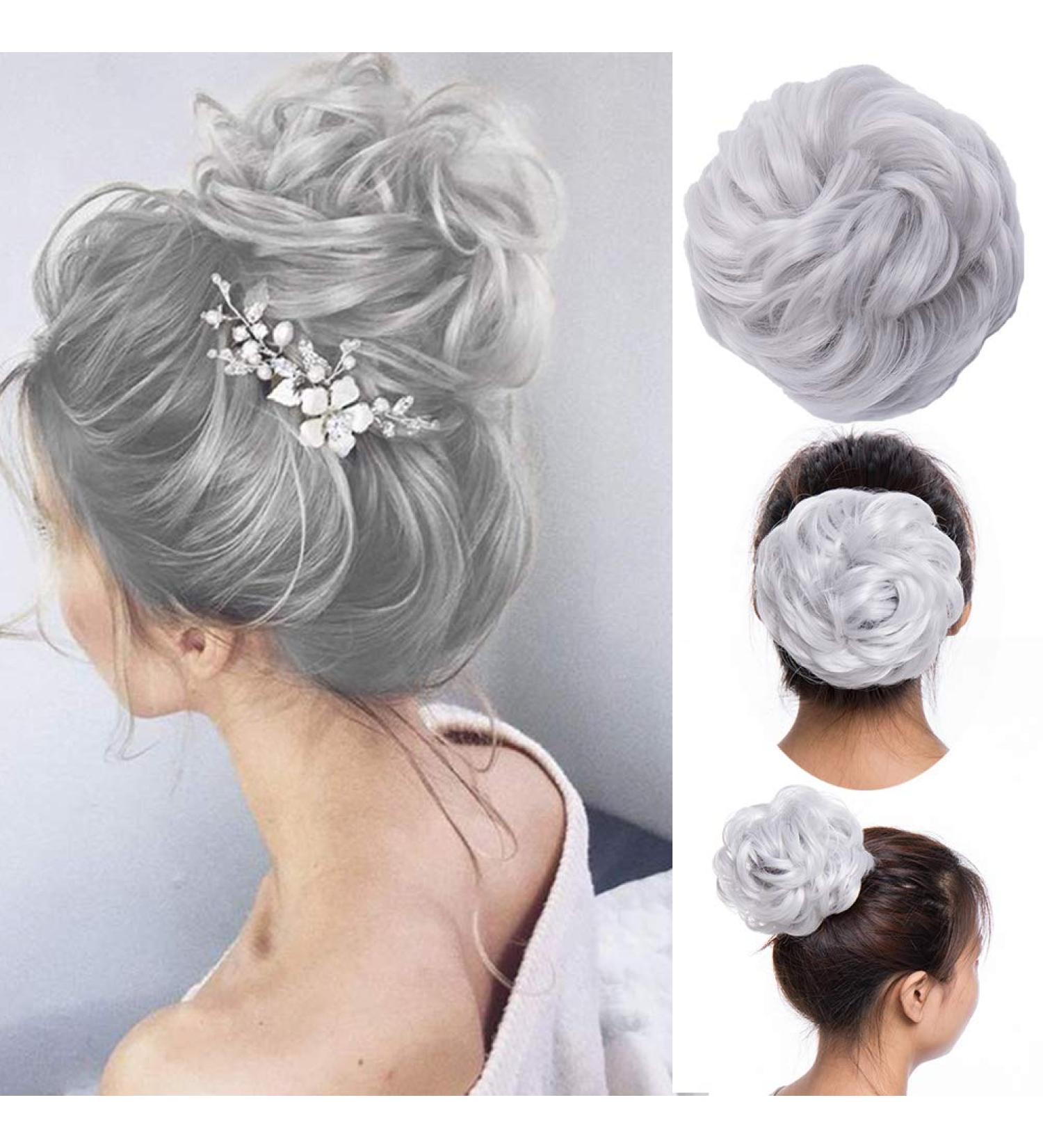 Silver Gray Messy Hair Bun Scrunchie Extension for Women | Curly Wavy Chignon Updo Hairpiece and Ponytail Accessory - Buy Online on SooperMarket.com