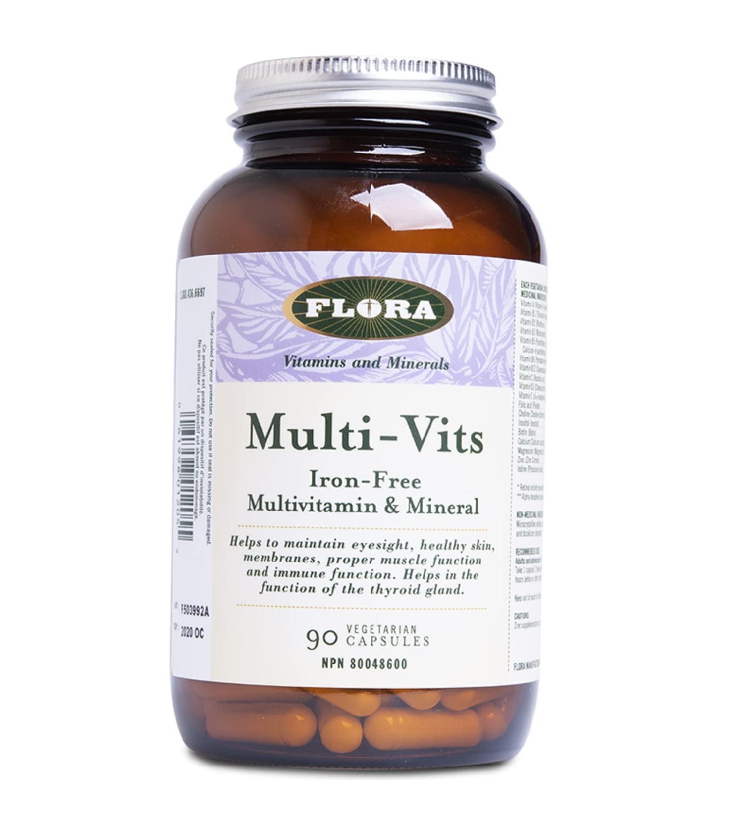 Flora Health Multi-Vits Iron-Free Multivitamin & Mineral - Help Metabolize Carbohydrates Protein & Fat - Vitamins (C D3 E B Vitamins) Minerals Including Zinc Gluten-Free - 90 Vegetarian Caps - Buy Online on SooperMarket.com