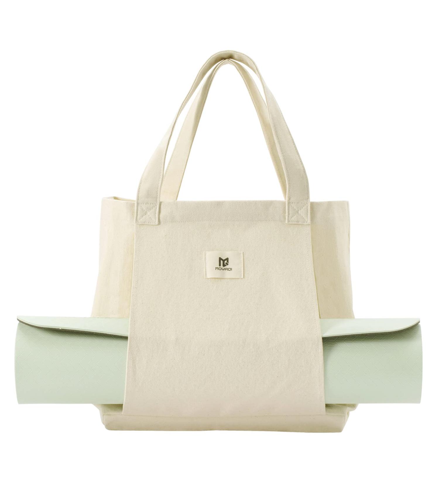 Moyaqi Canvas Tote Bag with Yoga Mat Carrier Pocket - Versatile Carryall for Office, Workout, Pilates, Travel, Beach, and Gym - Beige - Buy Online on SooperMarket.com