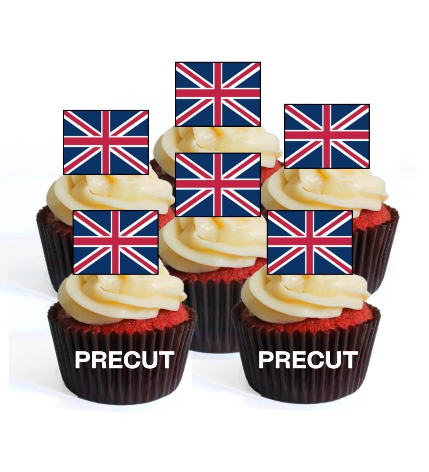 24 PRECUT Union Jack Flags British Flag Edible Cupcake Toppers - Premium Thickness SWEETENED VANILLA - wafer card disc cake decorations - Buy Online on SooperMarket.com