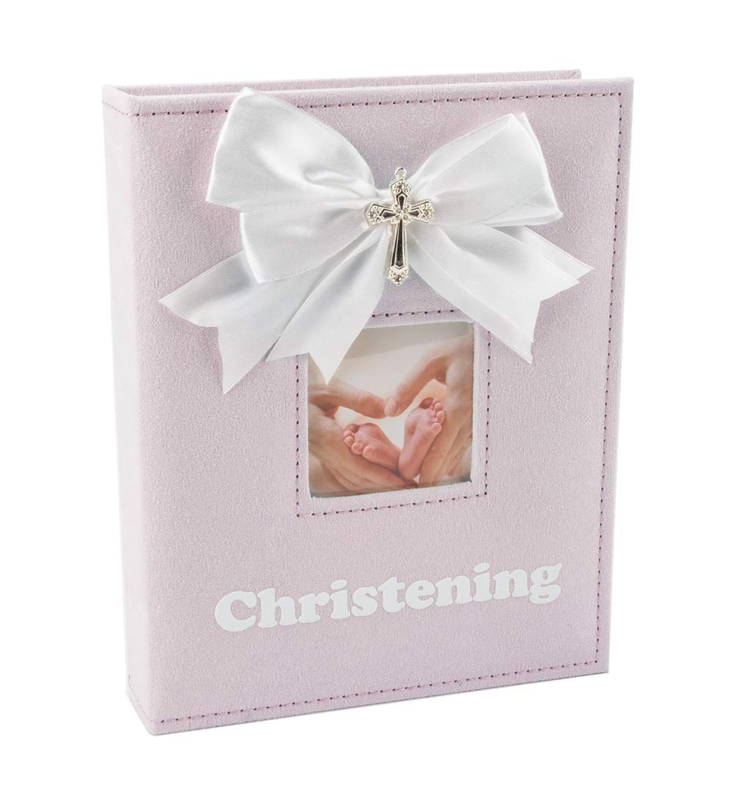 Pink Faux-Silk Christening Photo Album with Double Bow and Silver Plated Cross - Holds 60 6x4 Pictures - Ideal Gift for Baby Girl - Buy Online on SooperMarket.com