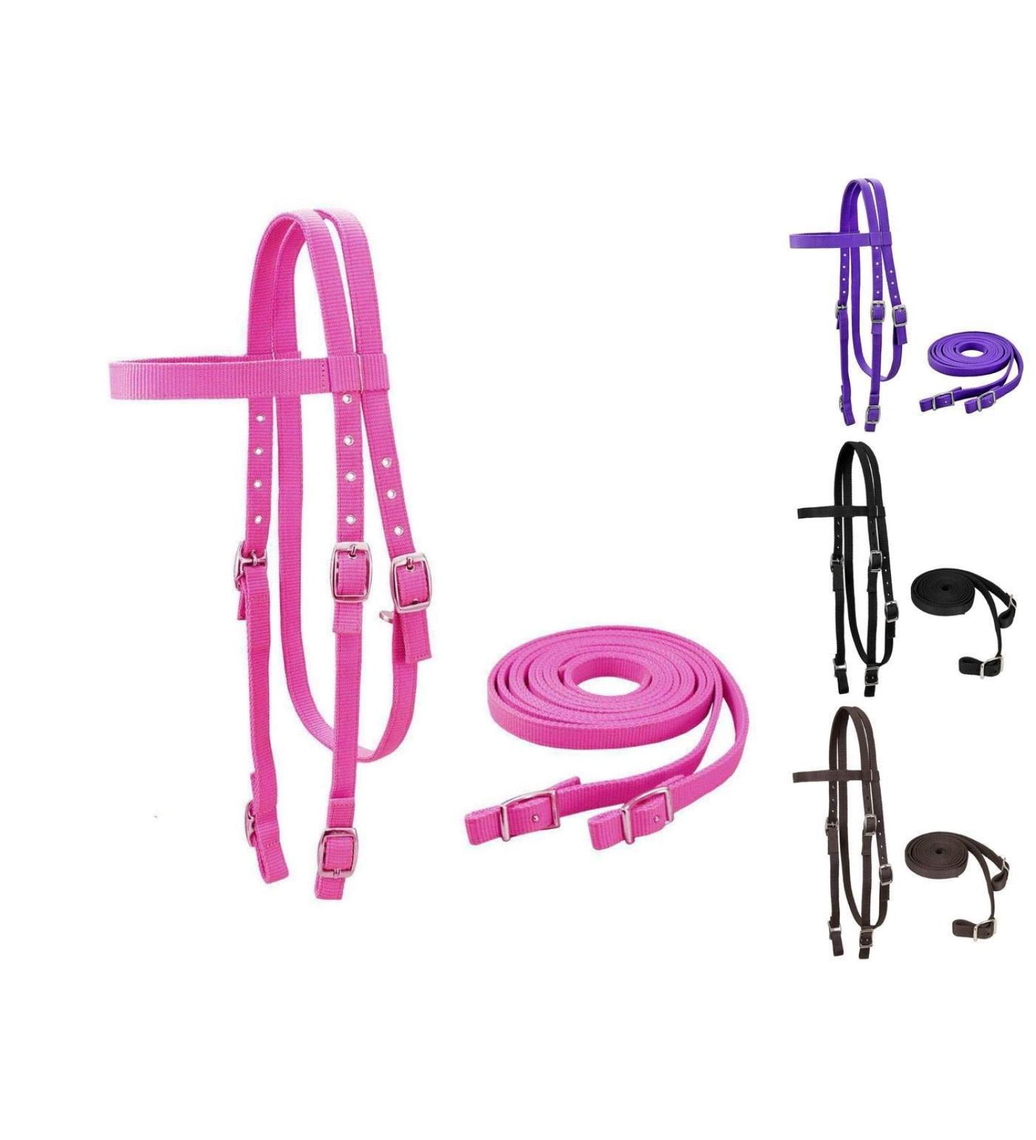 Tahoe Tack Double Layer Nylon Headstall with Reins - Pink Full Size - Buy Online on SooperMarket.com