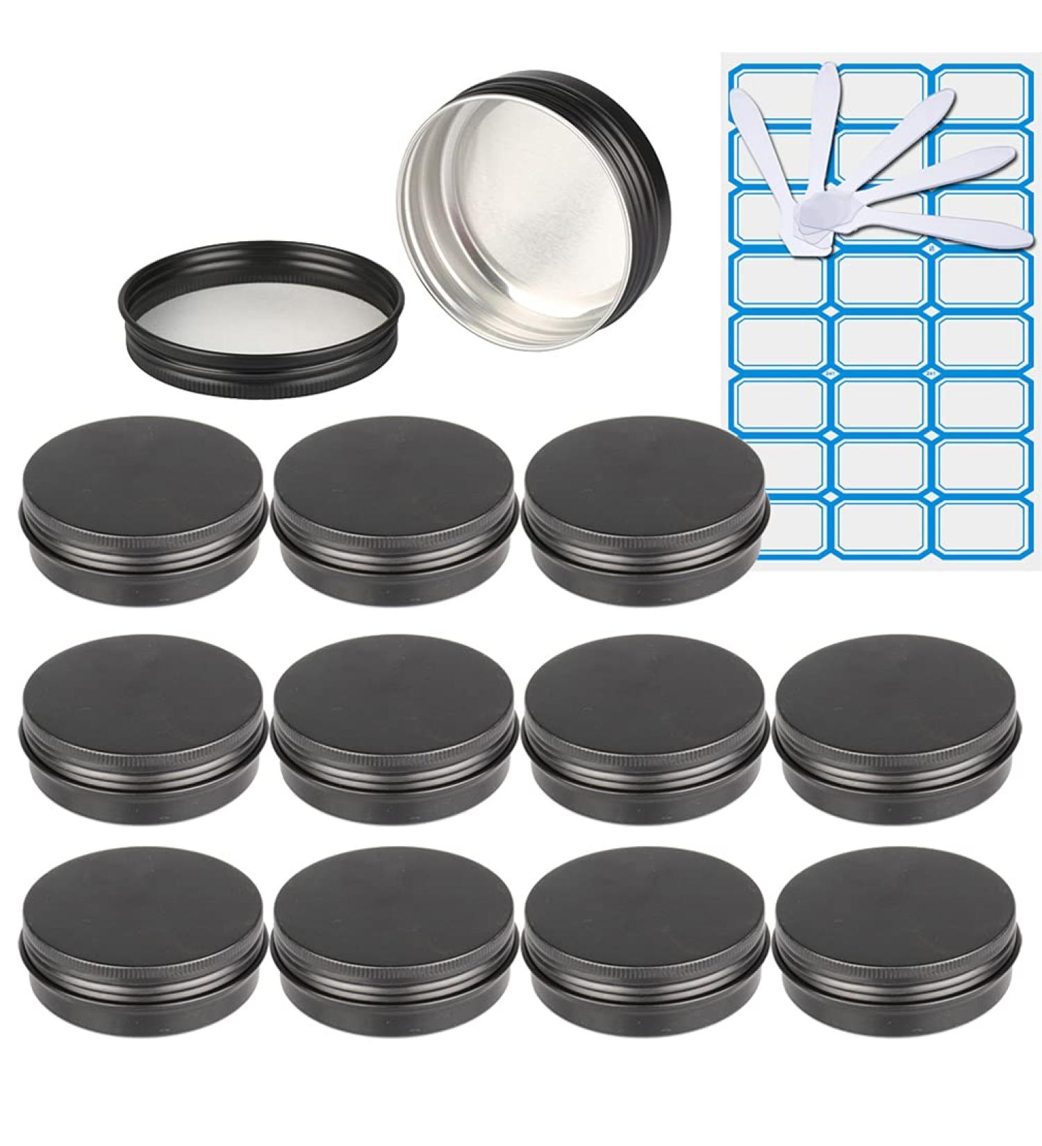 Zeoabsy 10-Pack 60ml Matt Black Aluminum Jars with Screw Lids | Ideal for Cosmetics Candles Ointments & More | Includes 5 Spatulas & Labels - Buy Online on SooperMarket.com