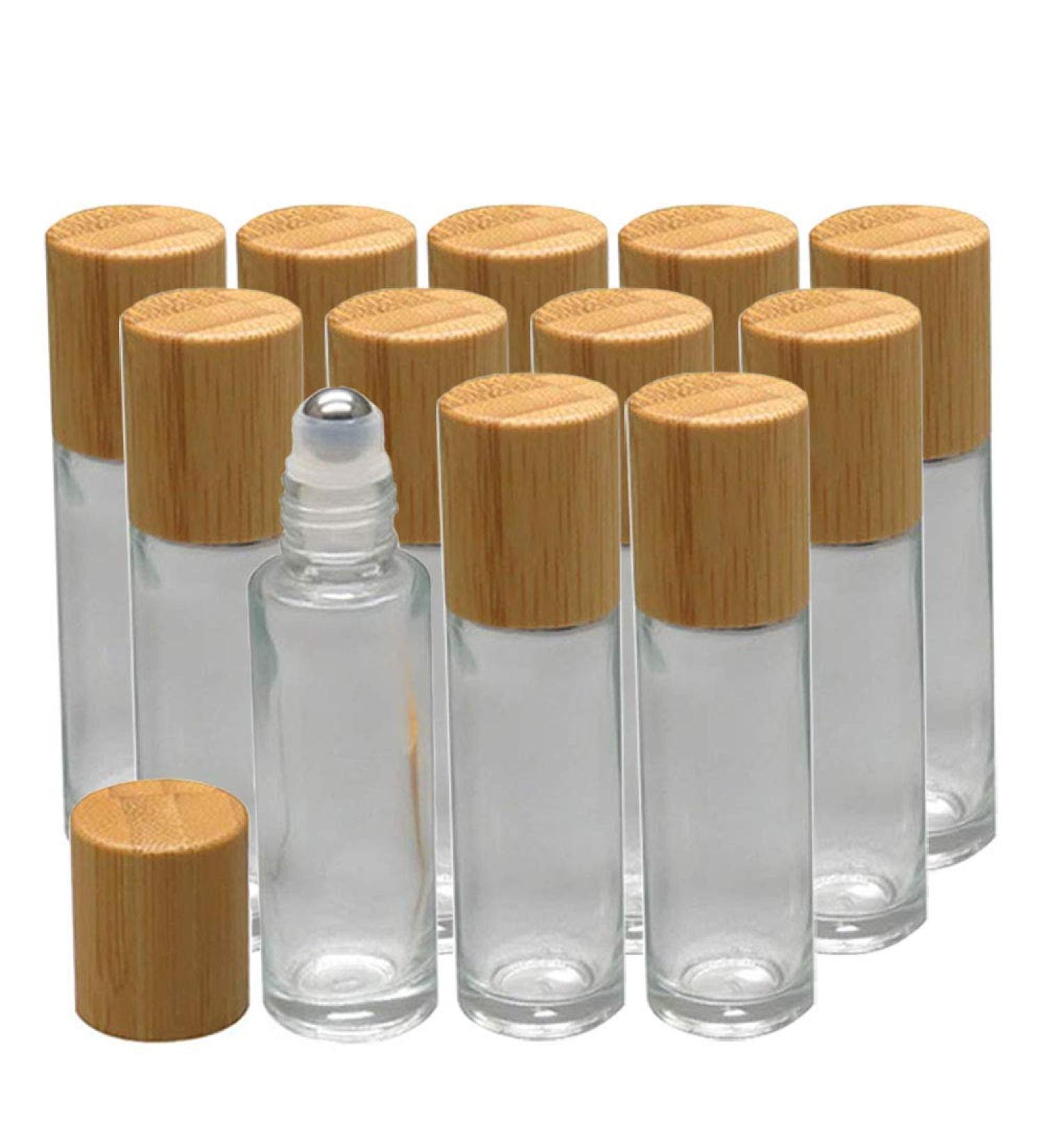 Jawseu 12 Pack Clear 10ml Glass Roll-On Bottles with Bamboo Lid | Refillable Essential Oil & Perfume Containers for Travel & Aromatherapy - Buy Online on SooperMarket.com