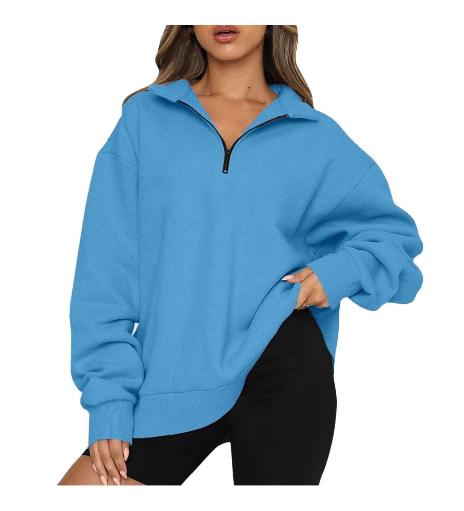 Solid Blue Oversized Half Zip Sweatshirt for Women | 2022 Fall Fashion Top - Buy Online on SooperMarket.com