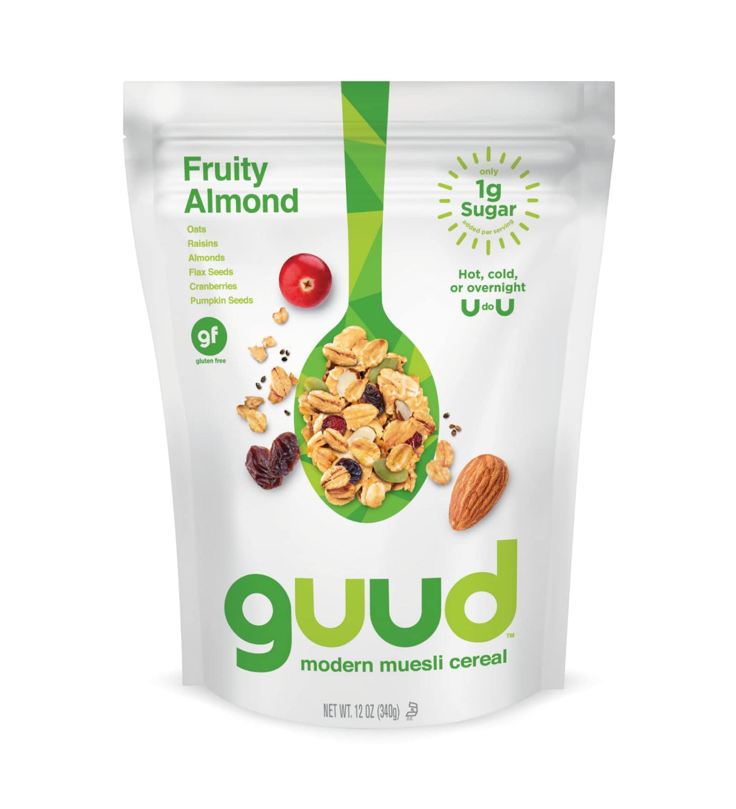 GUUD Fruity Almond Muesli Cereal 12oz - Gluten-Free Oats, Raisins, Almonds, Cranberries, Flax & Pumpkin Seeds - Vegan, Non-GMO & Kosher Certified - Buy Online on SooperMarket.com