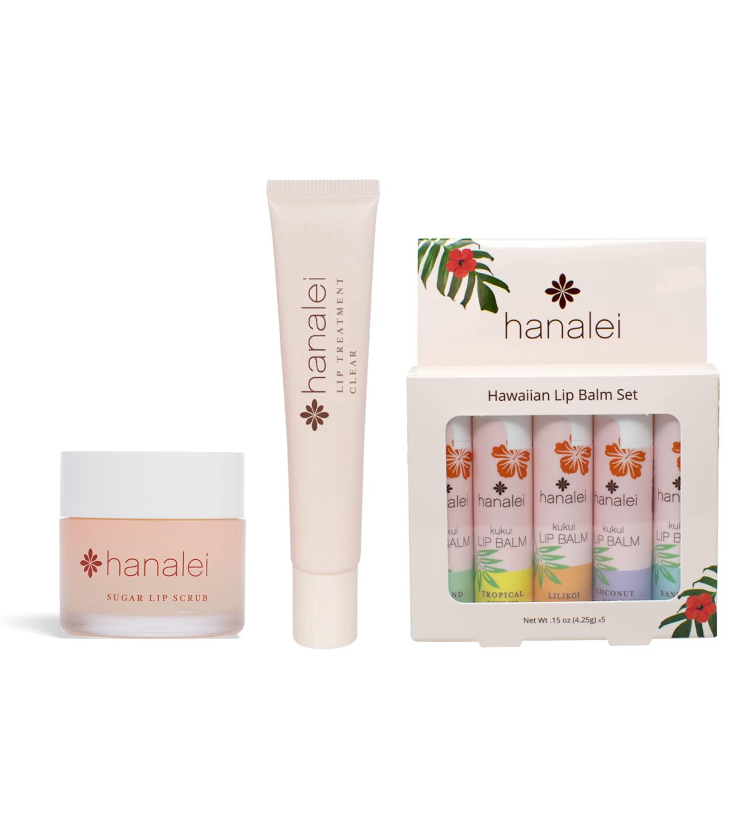 Hanalei Sugar Lip Scrub & Kukui Oil Lip Treatment 15g + 5-Piece Tropical Lip Balm Set | Hawaiian Botanicals, Cruelty-Free & Paraben-Free - Buy Online on SooperMarket.com