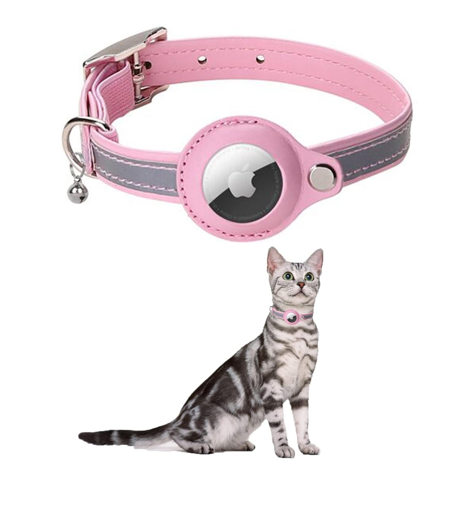 Kocnydey Leather Reflective AirTag Cat Collar - Adjustable Anti-Wing Collar with Bell for Cats & Small Dogs (Pink Size S: 23-30cm) - Buy Online on SooperMarket.com